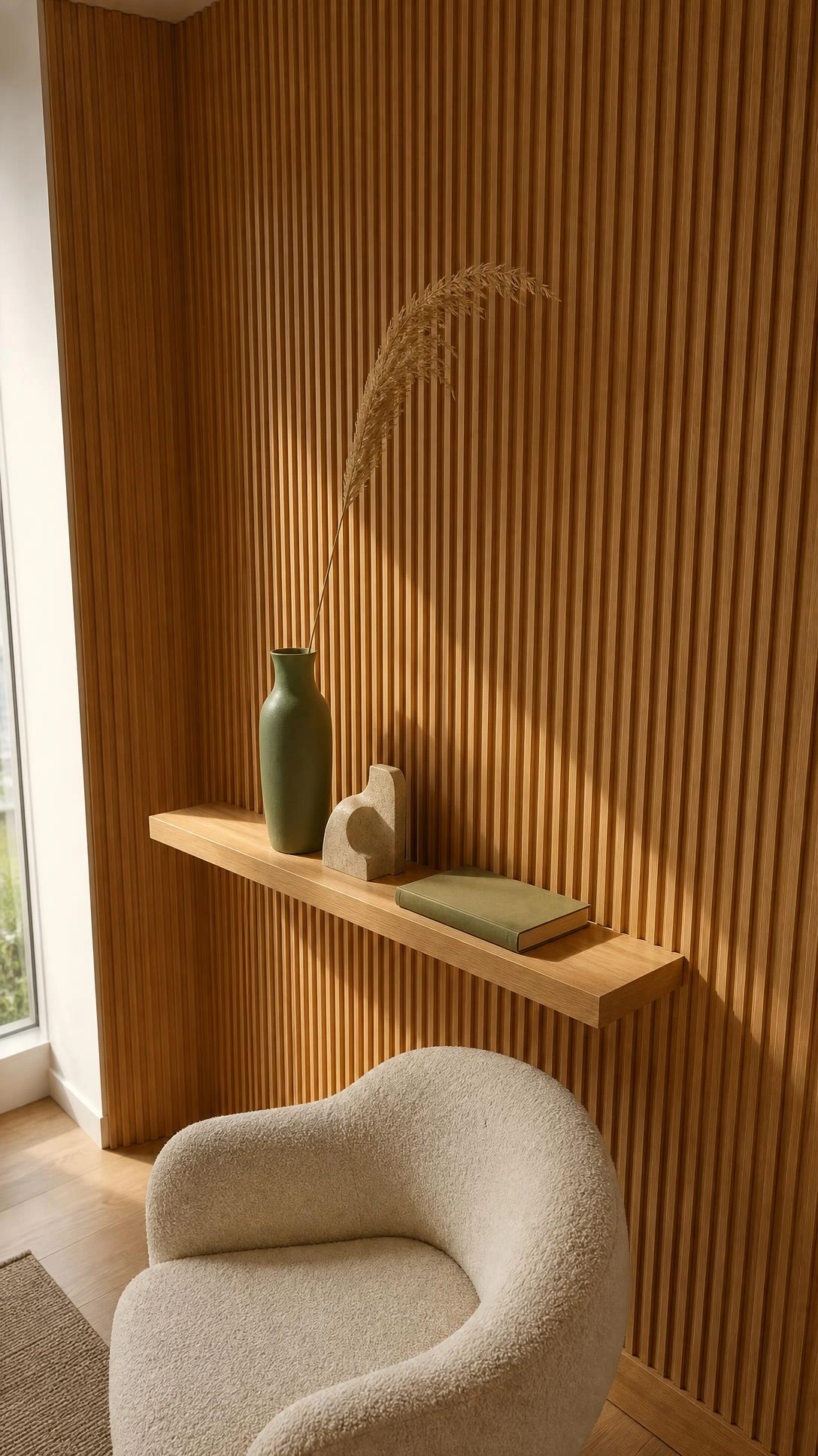Floor-to-ceiling fluted wood panels in light oak fill a sophisticated living room feature wall, their rhythmic grooves casting warm shadow lines in soft natural daylight