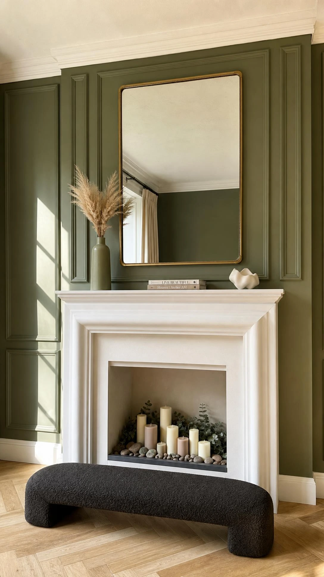Floor-to-ceiling fireplace focal wall with white plaster surround and architectural molding flanked by deep sage green paneling — luxury drawing room design without the mansion