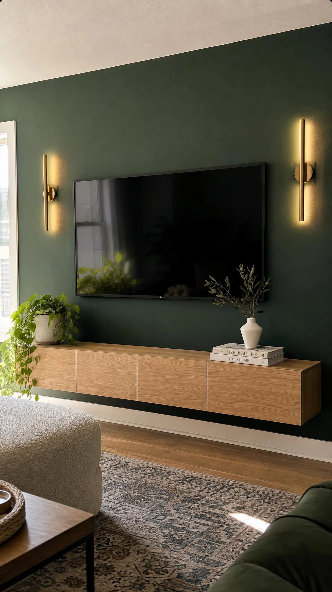 Forest green TV feature wall in a living room with a sleek wall-mounted flat-screen centered against the deep, rich painted surface