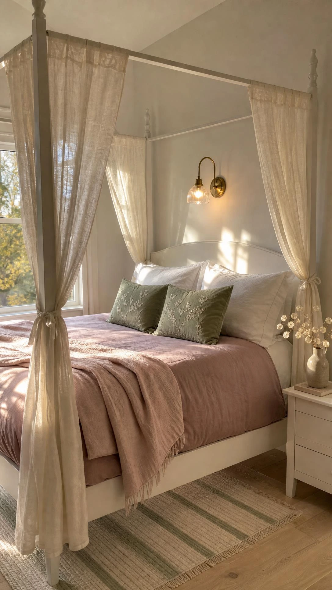 White four-poster bed with sheer ivory curtains tied to slim painted posts, creating a sophisticated grown-up feel in a girl's bedroom