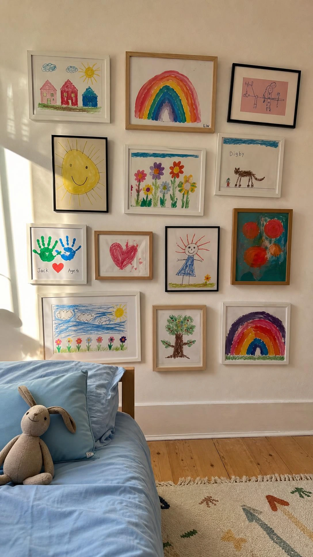 Gallery wall of framed kids artwork in mix of white, black, and oak frames arranged in organic grid on white bedroom wall — an affordable kids room artwork display idea