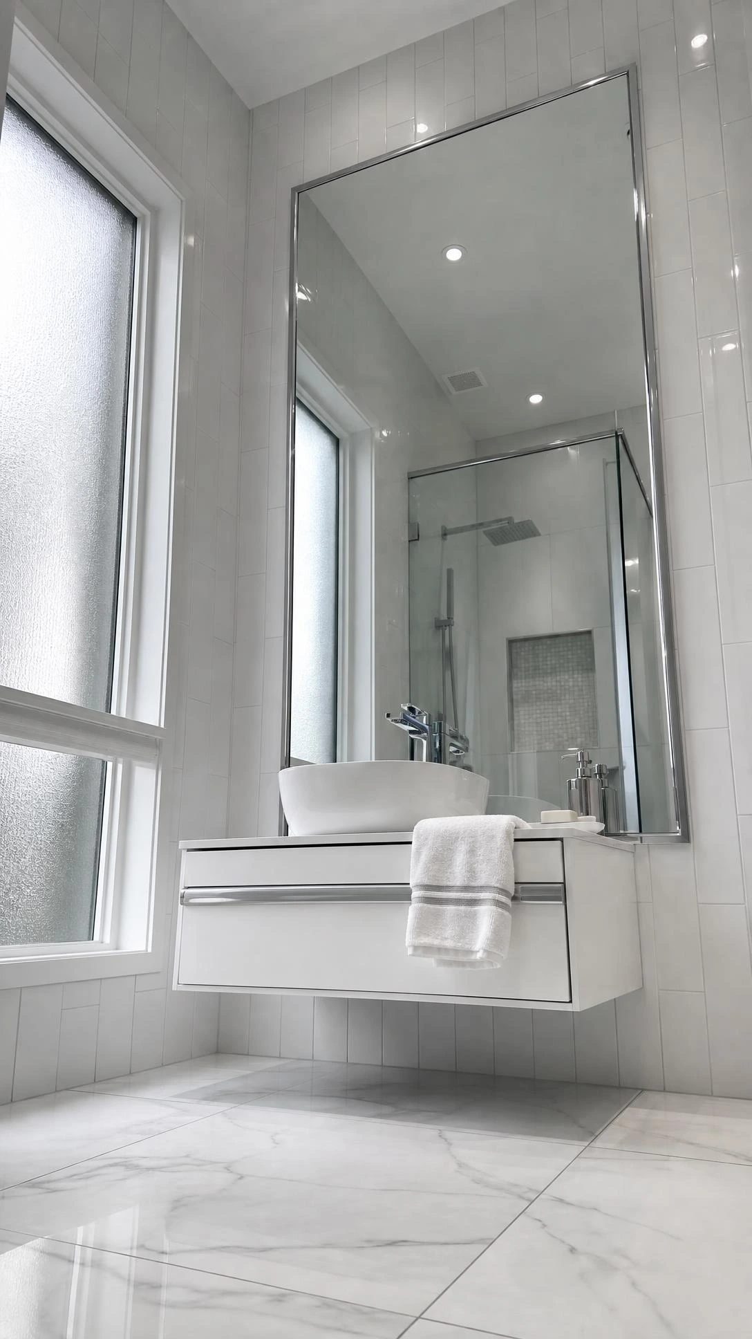 Large frameless chrome mirror mounted on white ceramic tile wall, its polished edges catching cool natural light in a sleek contemporary bathroom