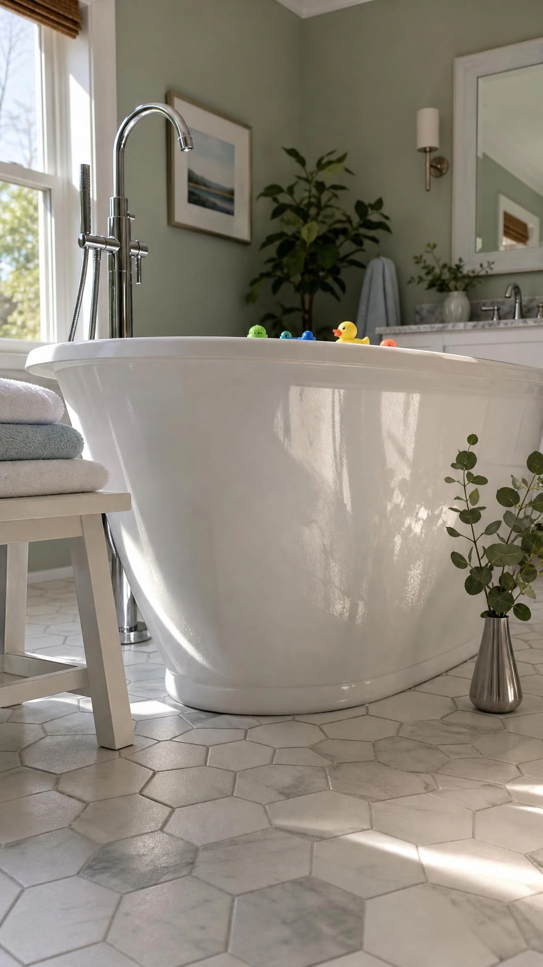 Oval freestanding bath with white gloss porcelain base as the dramatic centrepiece of a sage green family bathroom, shot from floor level