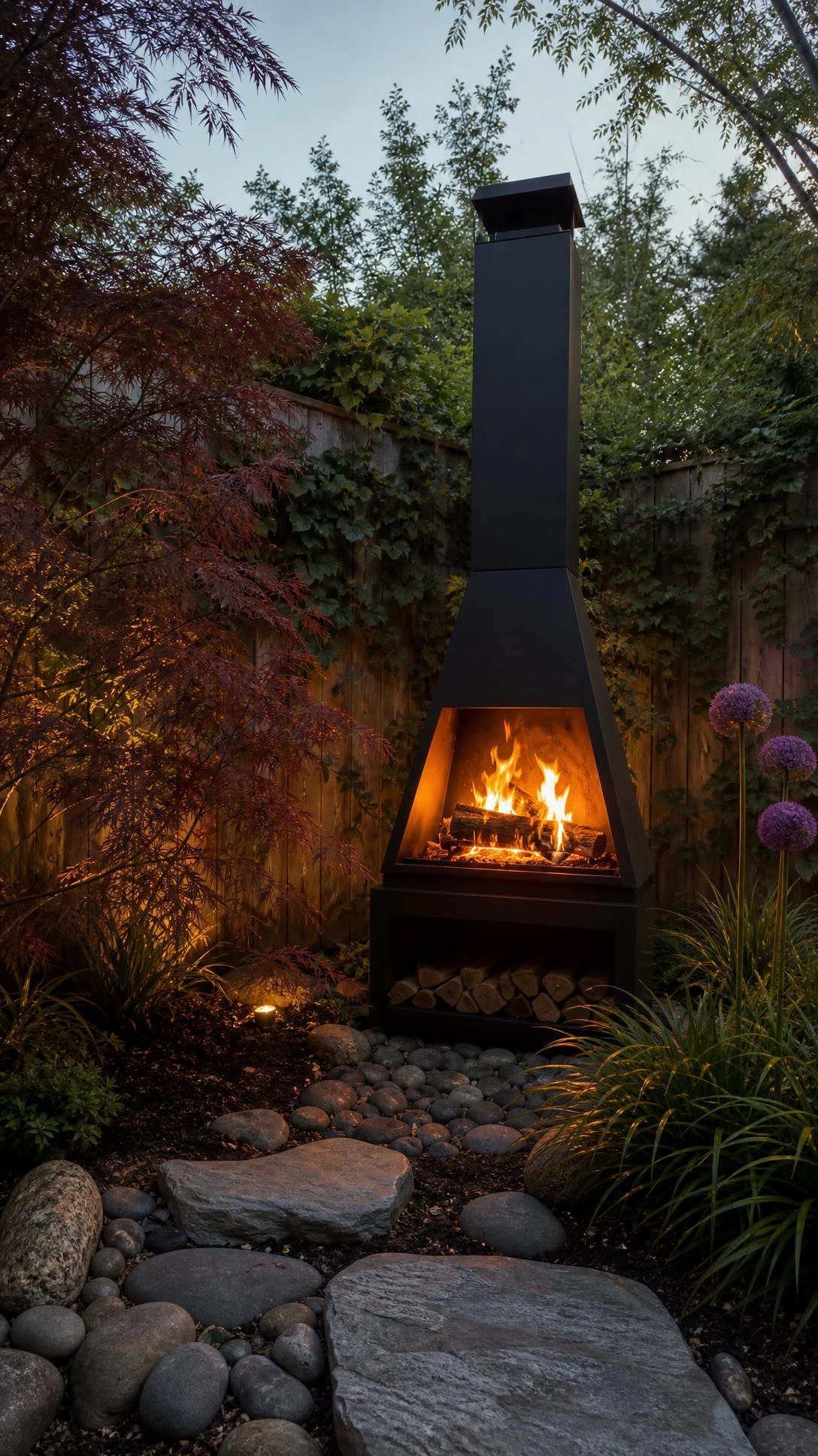 Tall matte-black freestanding patio fireplace anchoring a landscaped backyard corner at dusk, showing how a single statement piece transforms unused outdoor space