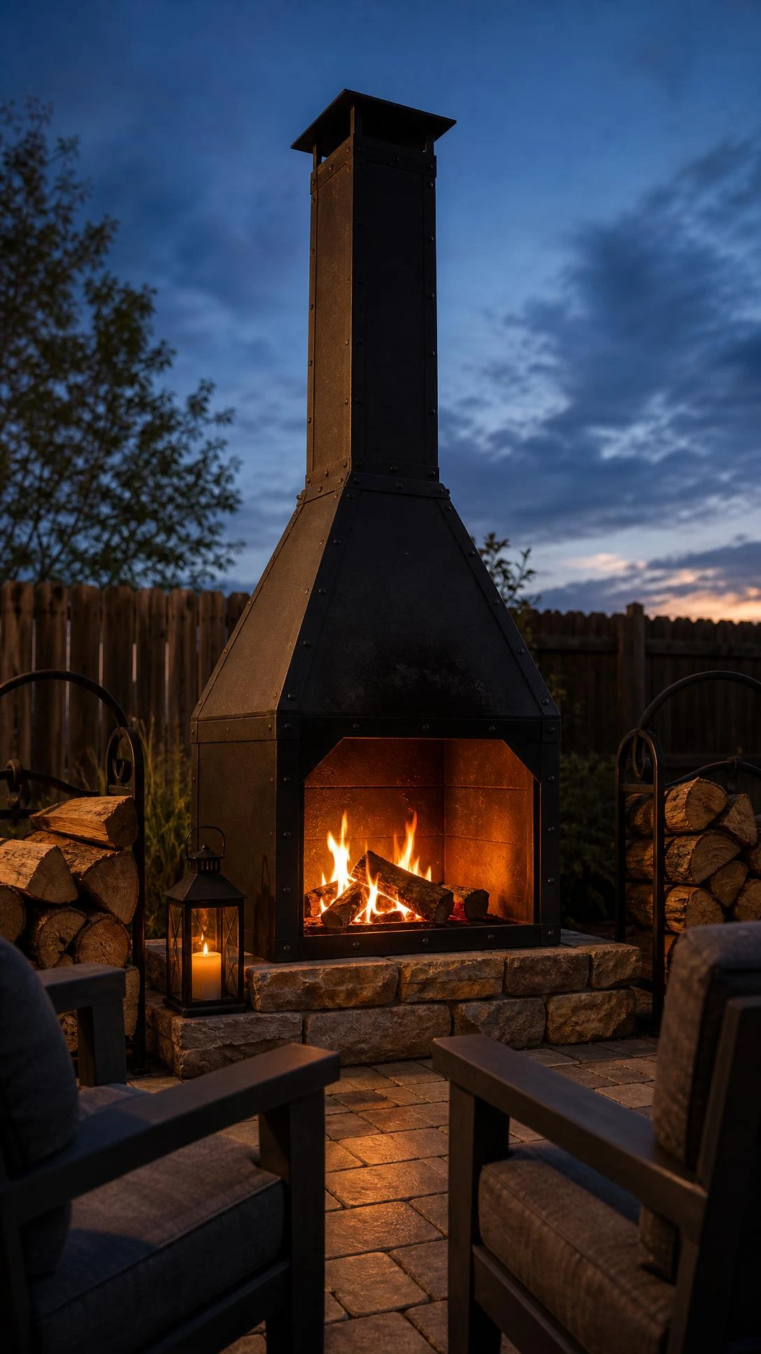 Freestanding steel fire pit kit fireplace photographed from a low angle against an evening sky, showcasing its bold industrial charcoal black riveted structure as a backyard patio centerpiece