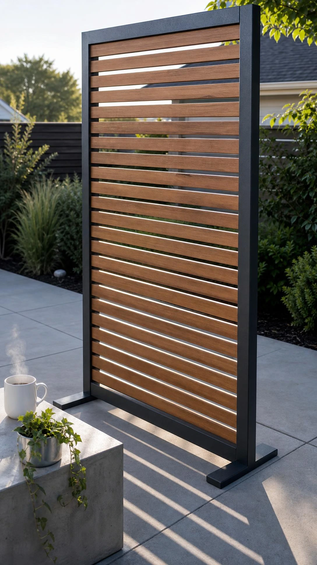 Freestanding privacy screen panel with dark metal frame and hardwood slats standing on a modern stone patio