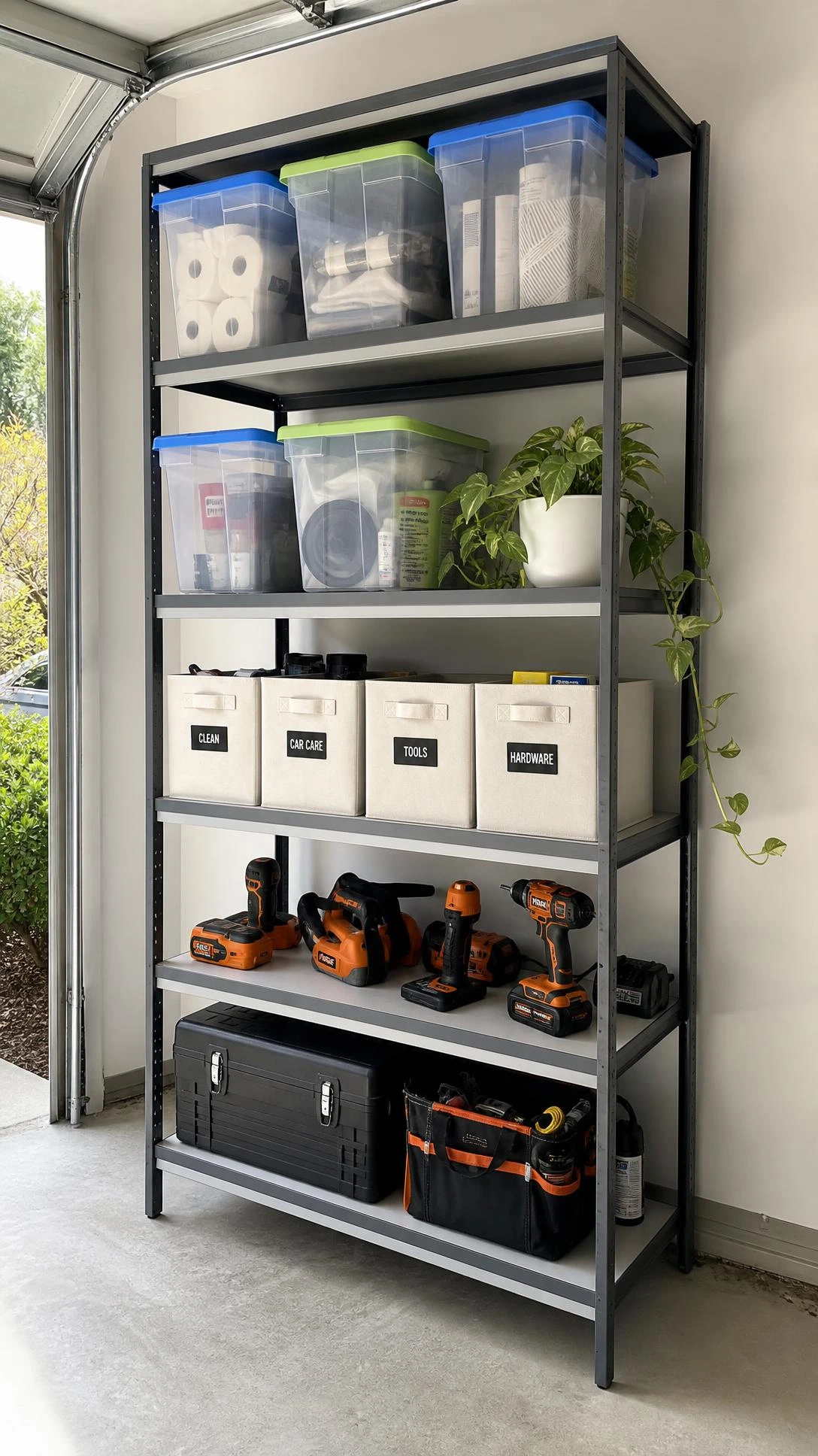 Tall freestanding charcoal metal shelving unit with five shelves maximizing vertical storage space in a small garage from floor to ceiling