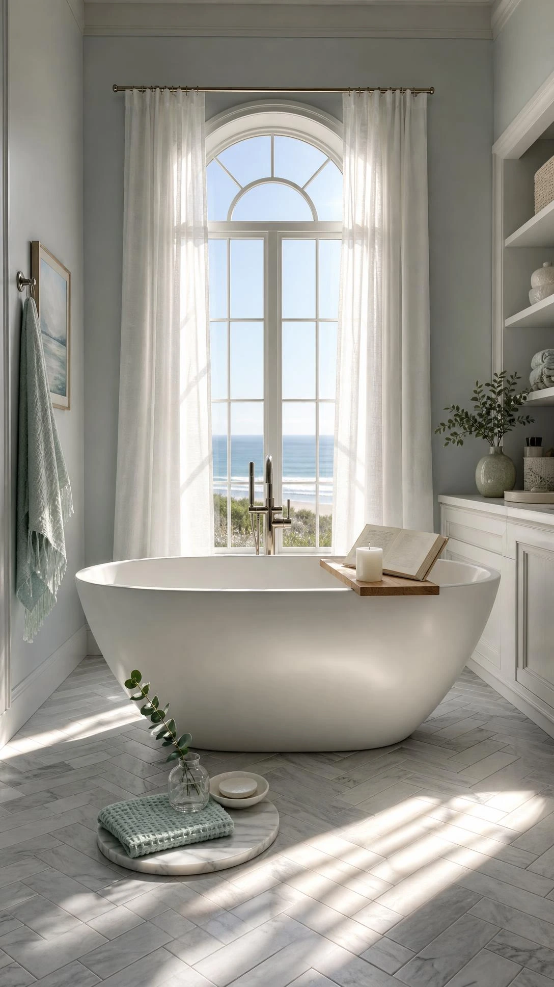 Matte white oval freestanding soaking tub beneath a tall arched window on herringbone tile, creating a luxurious coastal bathroom focal point