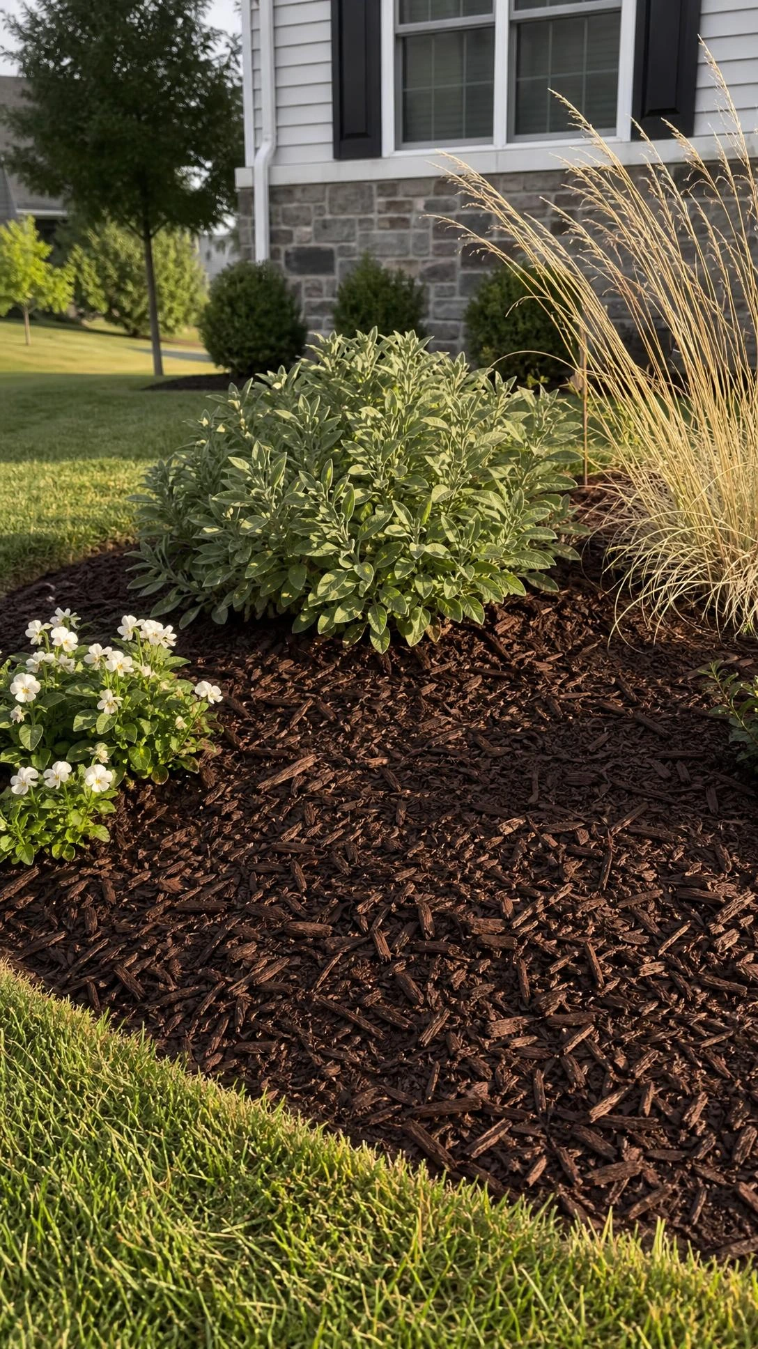 Freshly laid dark cedar mulch blanketing a front yard garden bed at eye level, its rich reddish-brown tones contrasting crisply against green lawn in warm morning light