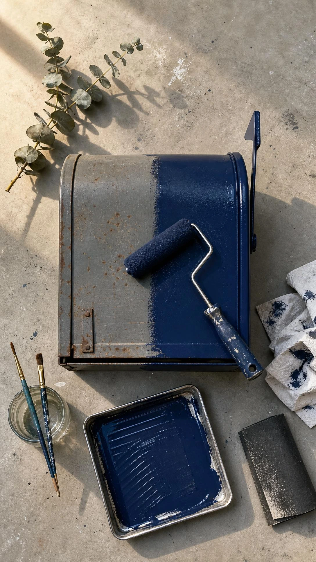 Weathered metal mailbox mid-transformation on concrete, showing rust-spotted gray beside fresh deep navy paint, demonstrating a budget curb appeal upgrade with a foam roller resting across the top