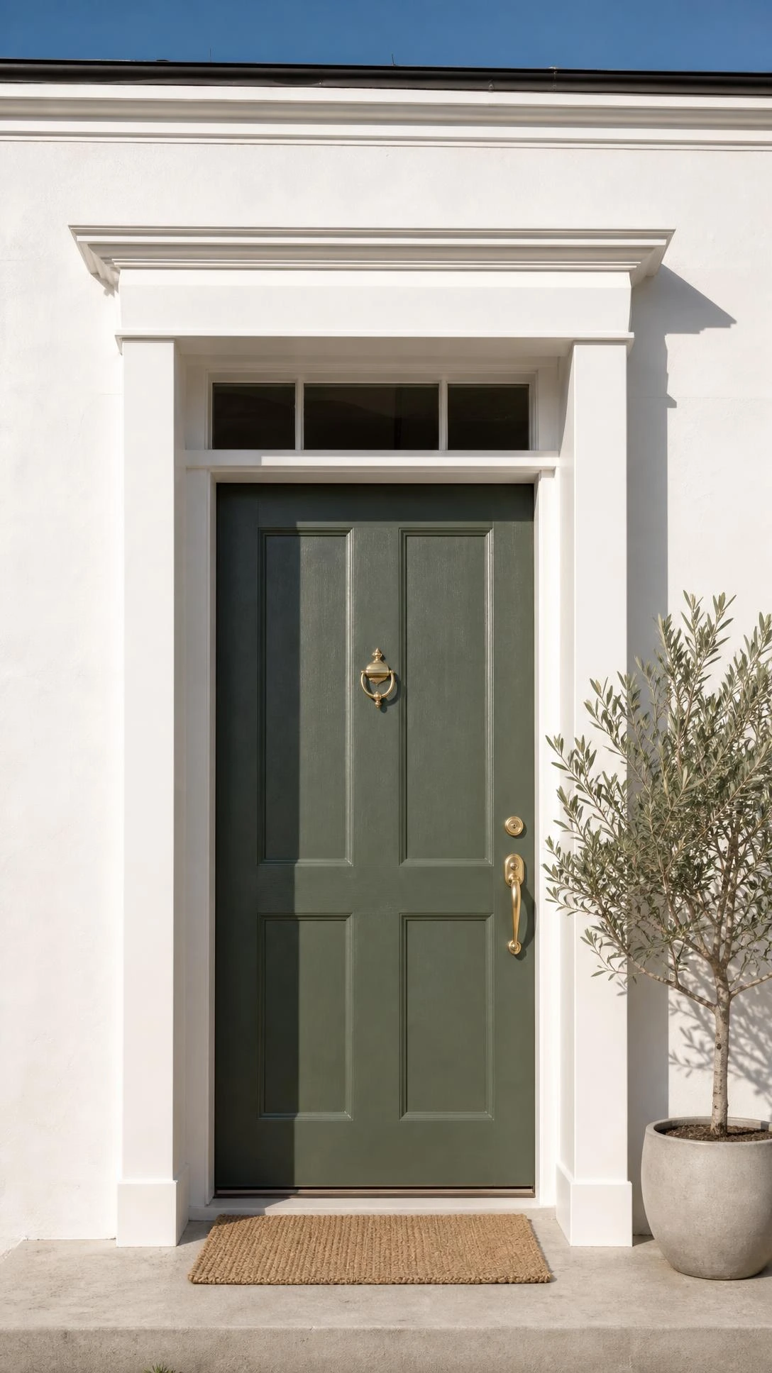 A sage green front door with smooth satin finish commands the entryway, proving a single considered paint color transforms minimal front yard landscaping instantly