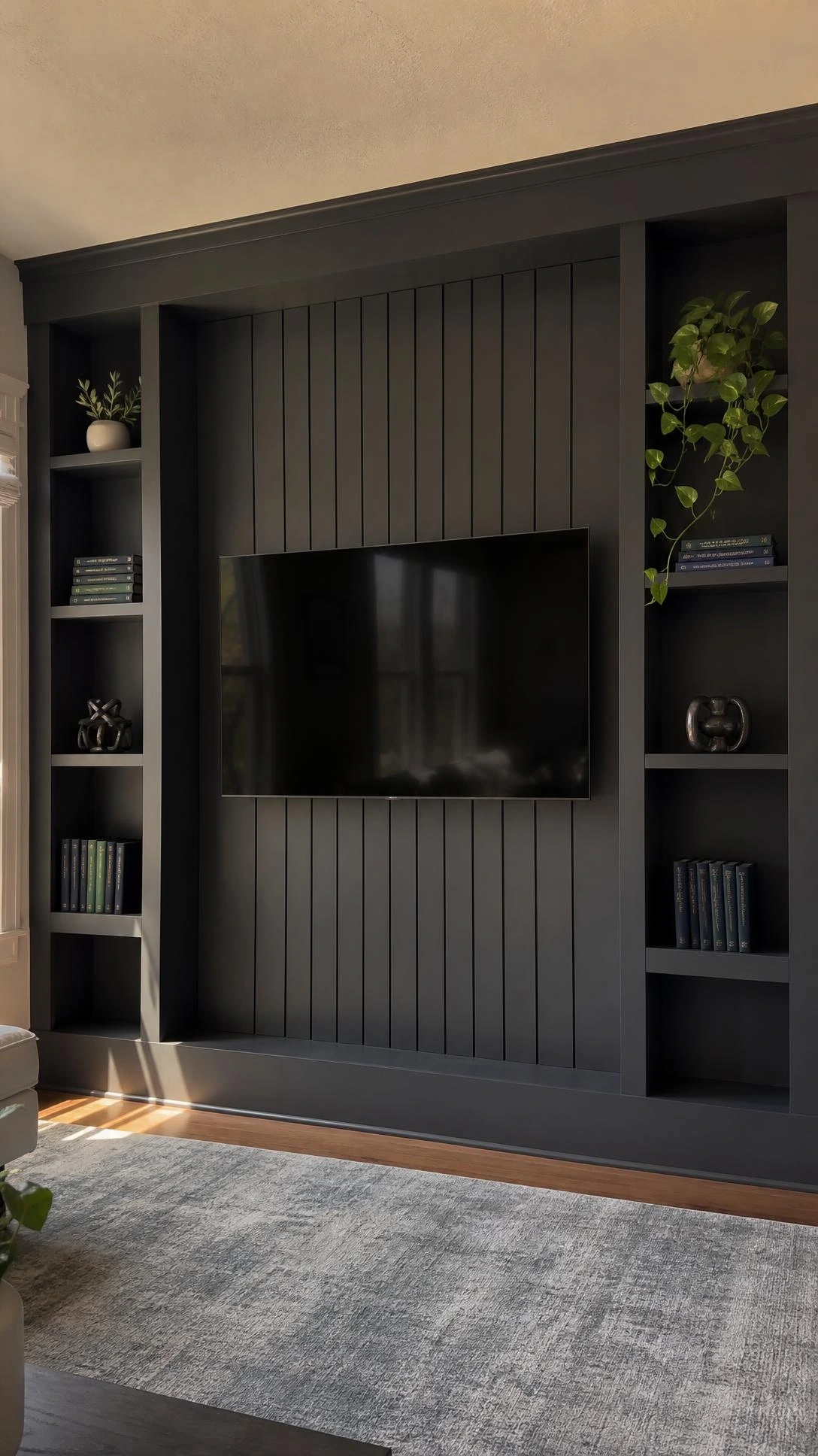Floor-to-ceiling charcoal gray built-in entertainment wall unit with flush-mounted TV in a recessed niche, showing seamless cable-free panel routing