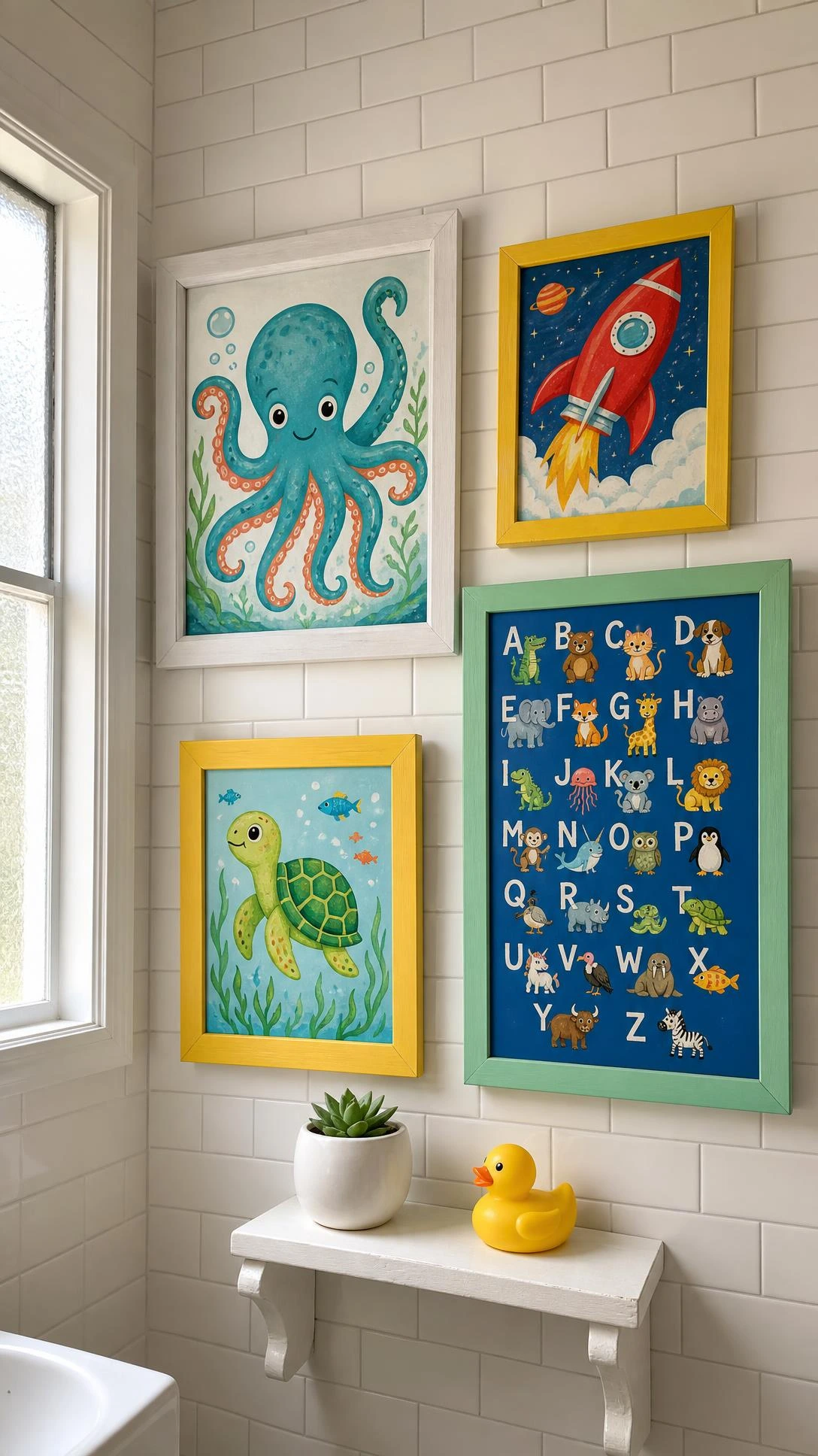 Colorful kids' bathroom wall art featuring framed prints of a teal octopus, red rocket ship, and alphabet animals — playful family bathroom ideas kids love