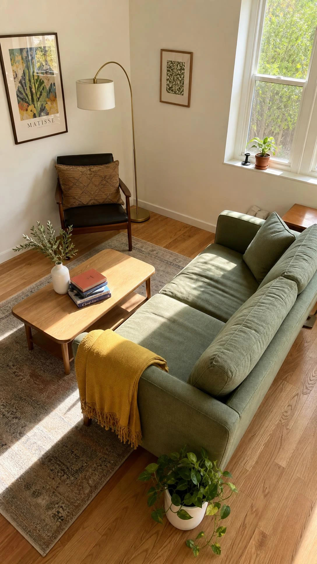 Sage green linen sofa arranged diagonally with a mustard yellow throw in a bright budget-friendly living room, showing how furniture rearranging transforms a space for free