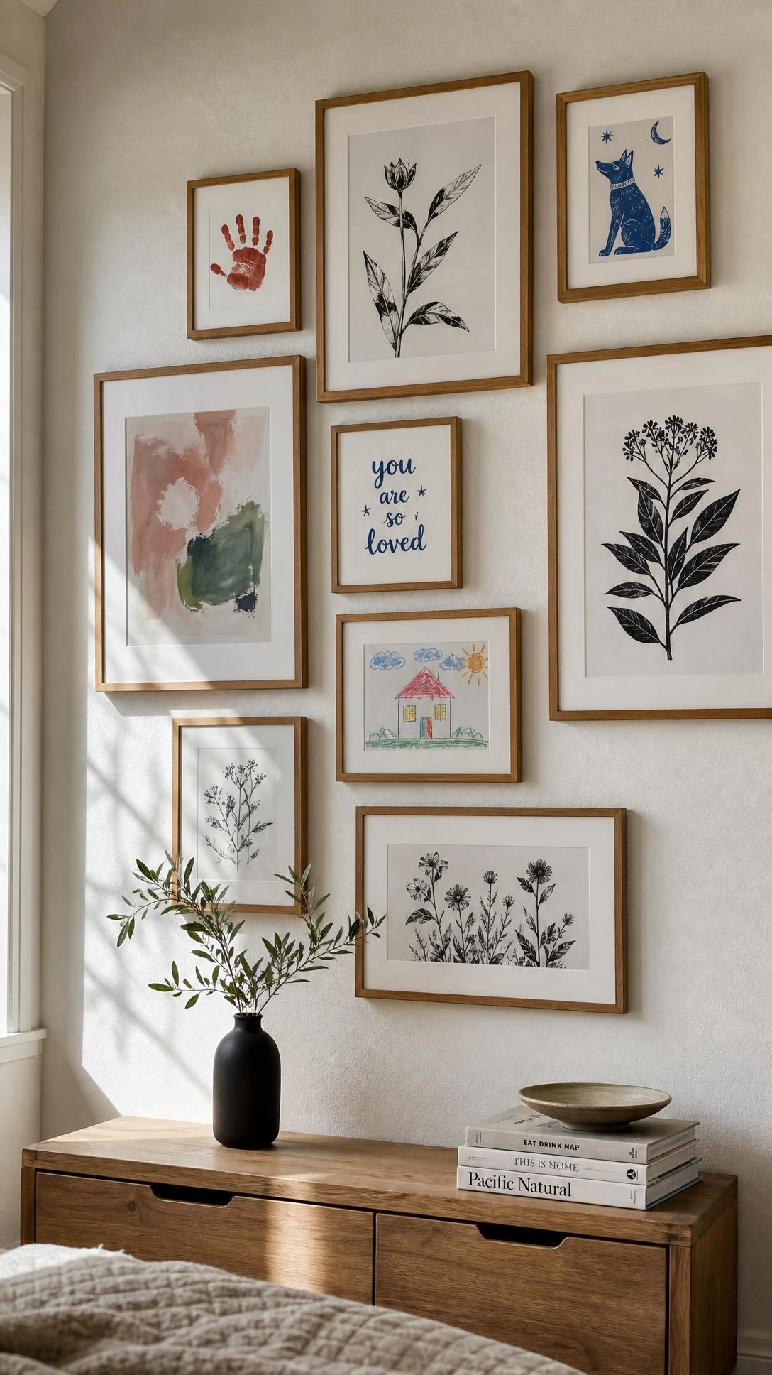 Gallery wall in a shared parent-child bedroom blending framed black-and-white art with colorful kids' prints, anchored by a wooden bench below