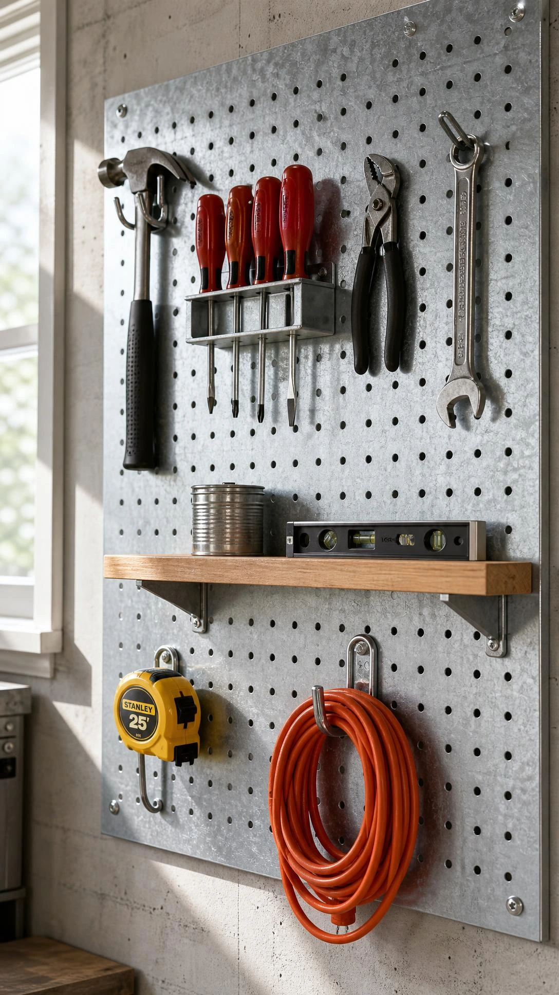 Galvanized metal pegboard mounted on a light gray concrete garage wall, its silvery steel surface gleaming under natural daylight — a compact tool storage solution for small garages