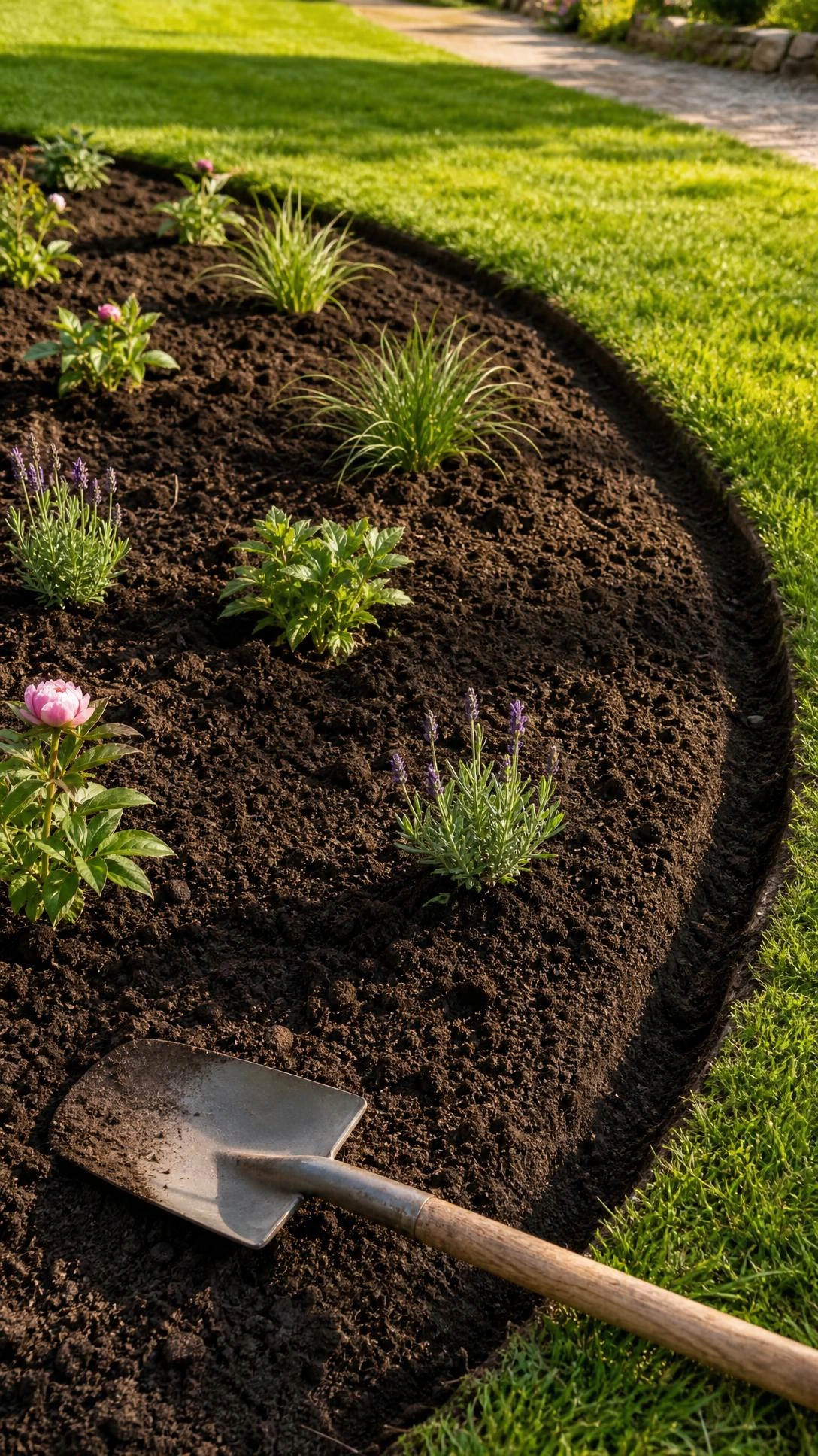 Freshly dug flower garden bed with a sweeping curved edge cut cleanly into green lawn, rich dark soil ready for planting