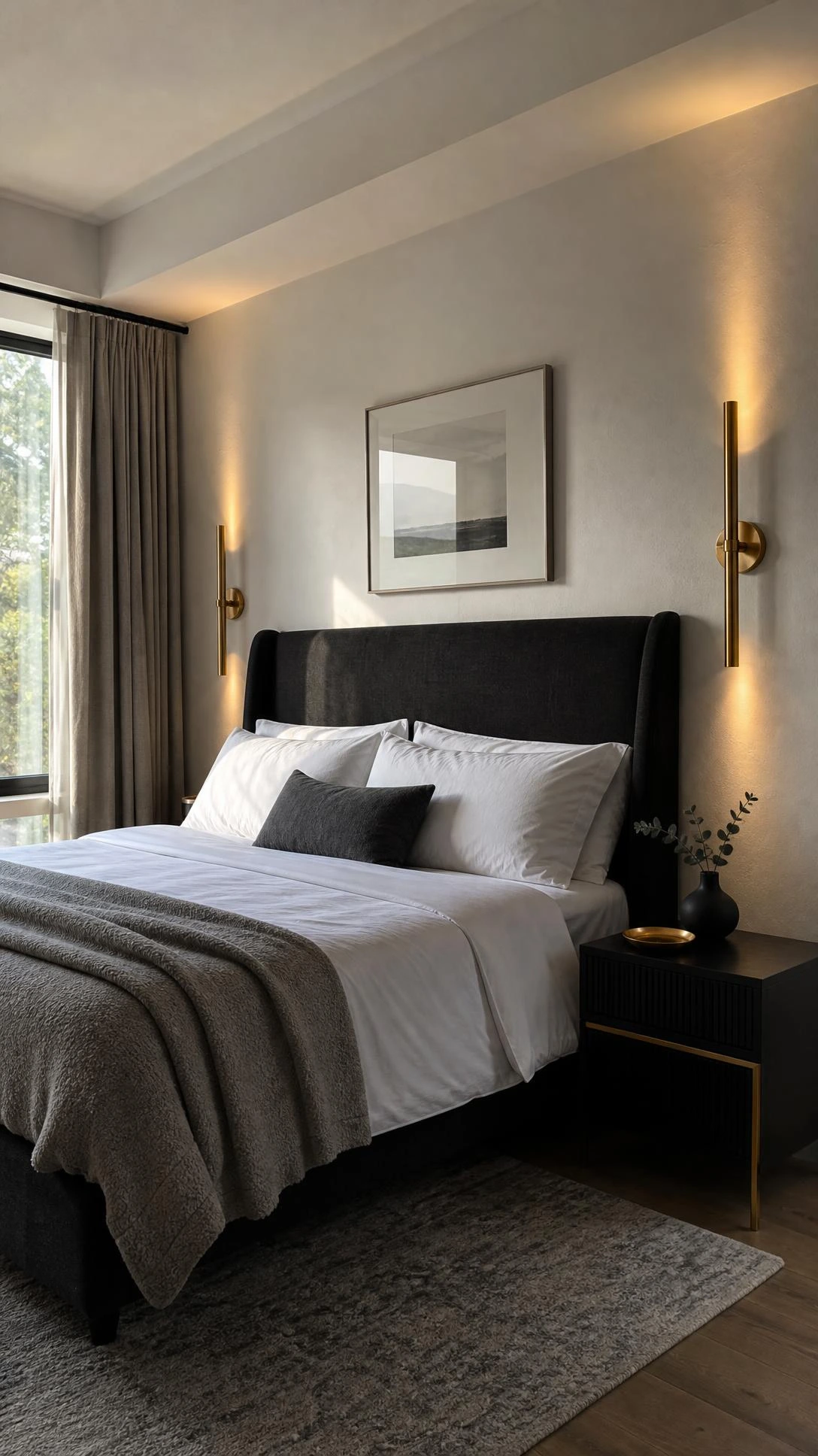 Brushed brass wall sconces flanking a charcoal linen headboard in a modern master bedroom, showing how restrained gold accents elevate a neutral palette