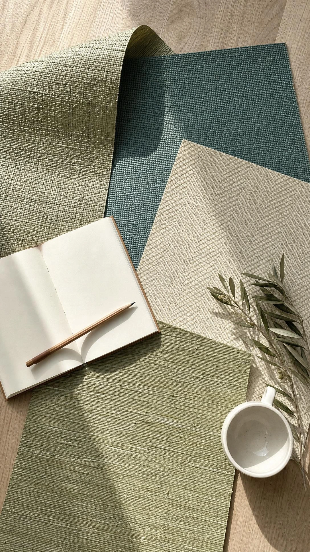 Flat lay of grasscloth and textured wallcovering samples fanned out on light oak — natural sage green weaves and embossed linen finishes for a bedroom feature wall