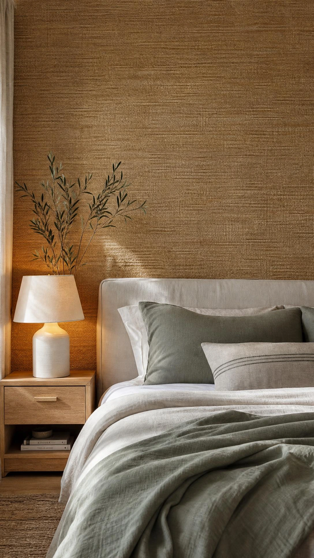 Bedroom wall covered floor-to-ceiling in warm honey-wheat grasscloth texture wallpaper, showing rich woven fiber detail in natural window light
