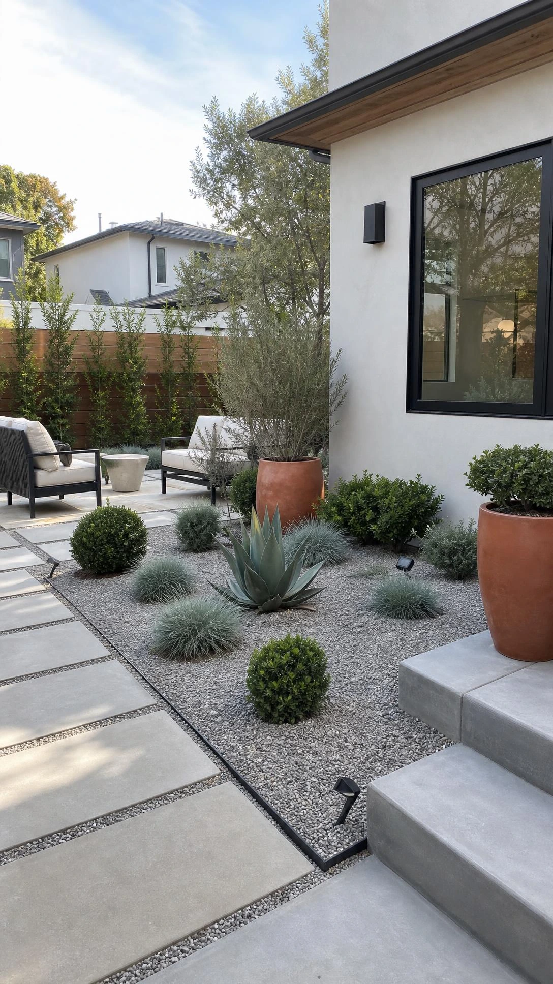 Modern landscape design with a geometric gravel mulch garden, steel-edged beds, agave, blue fescue, boxwood, and sleek pavers.