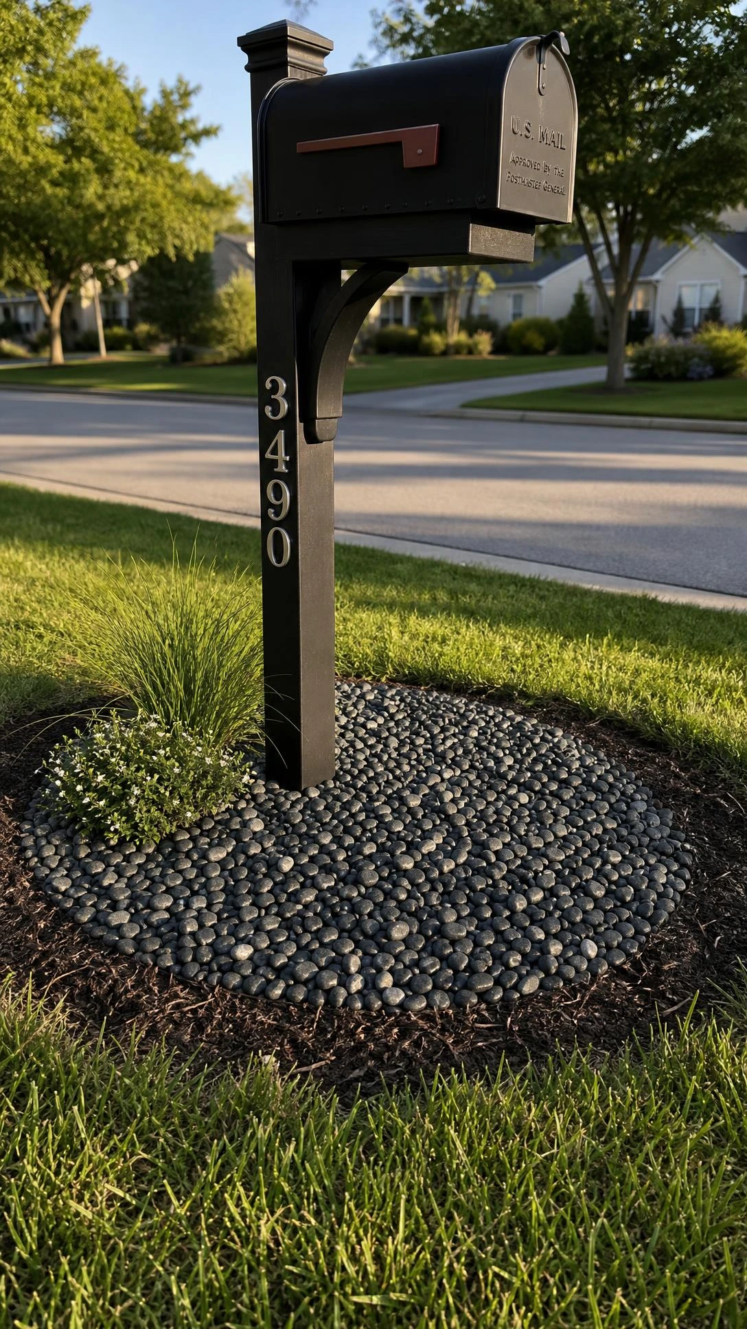 Mailbox post anchored in a circular charcoal gravel base, shot from low angle to highlight how a contained decorative gravel surround elevates curb appeal