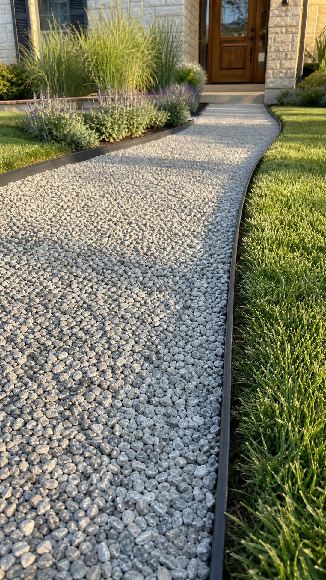 Silver-gray gravel front walkway with dark charcoal steel edging catching afternoon light, creating a crisp defined path to the front door