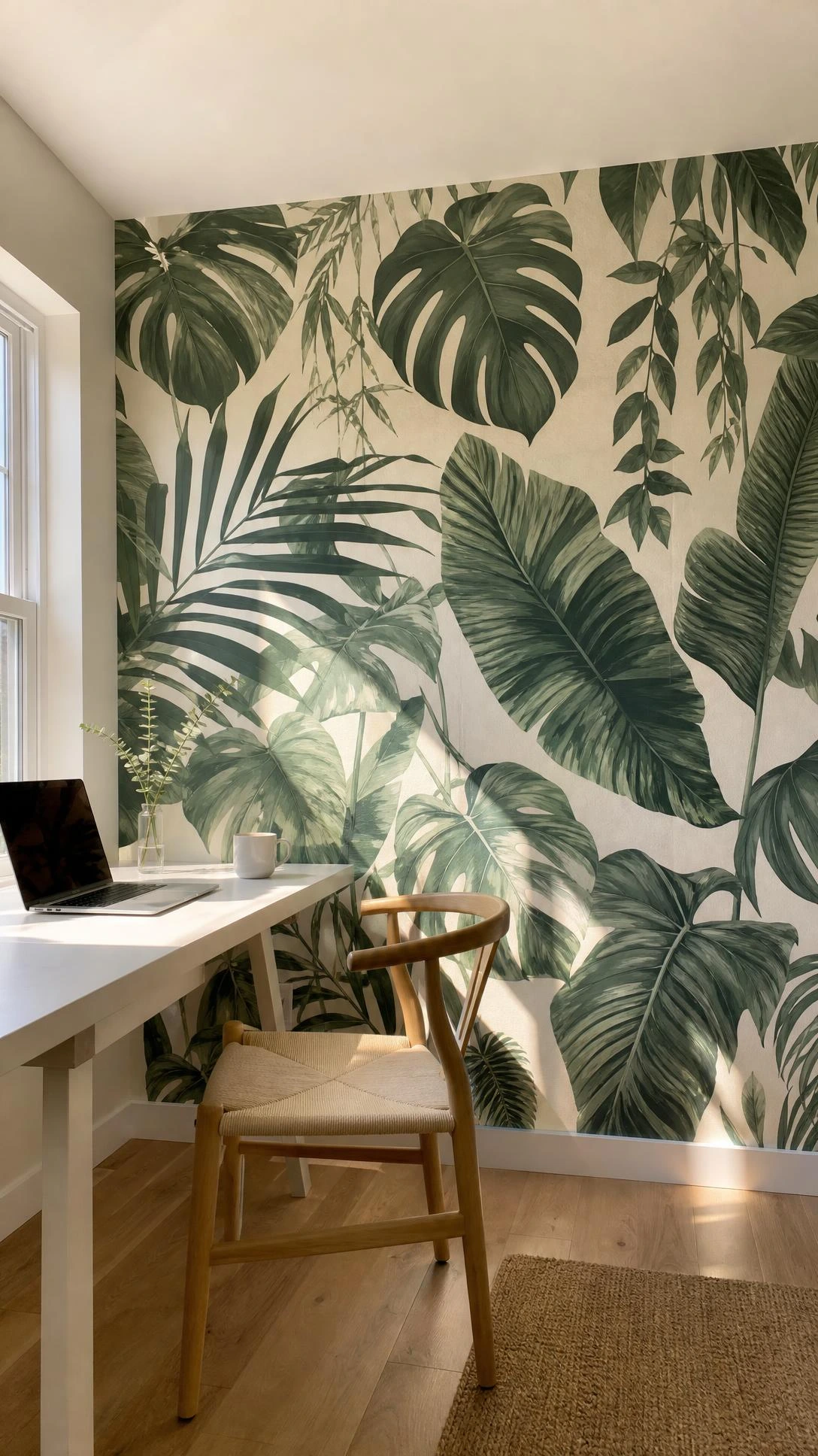 Home office accent wall with bold botanical peel-and-stick wallpaper in deep forest green and sage tropical leaf print, brightened by natural window light