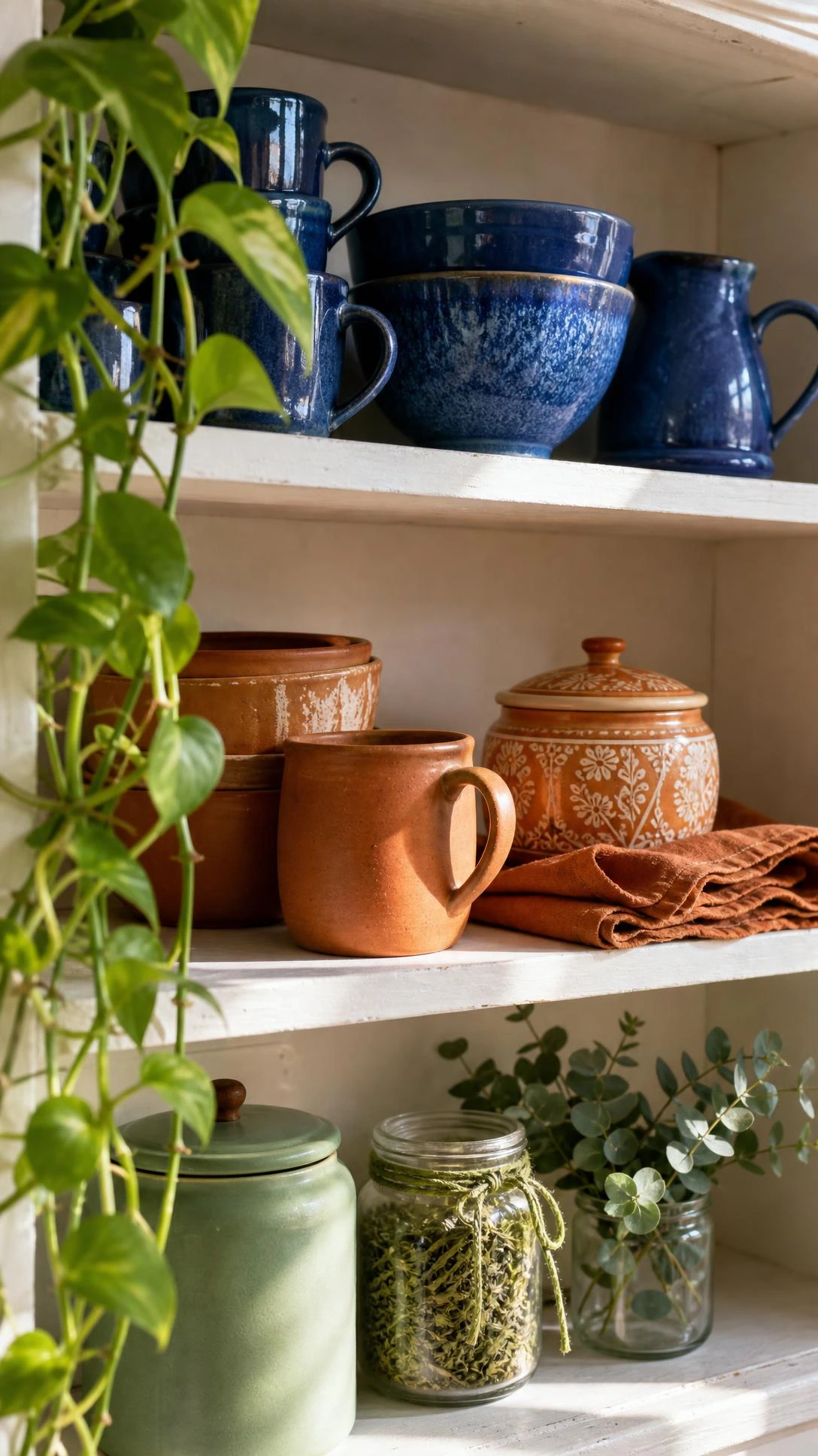 White kitchen shelves styled with deliberate color-grouped decor — cobalt blue ceramics on top, coordinating mid-shelf arrangement below, showing how kitchen shelves decor creates visual order
