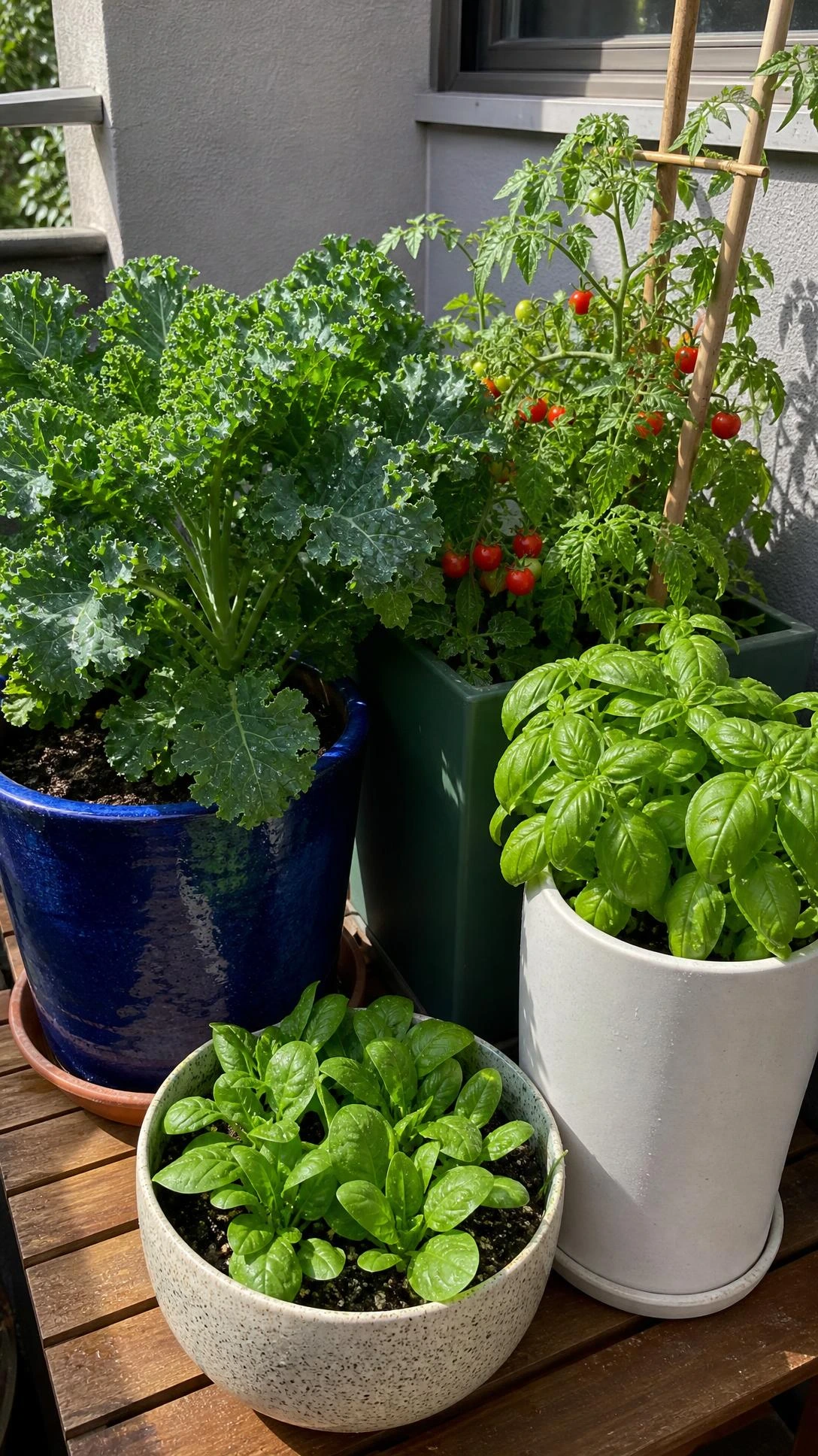 Urban balcony container garden with navy blue pot of kale, green rectangular planter, and stacked vegetable containers on wooden slatted surface
