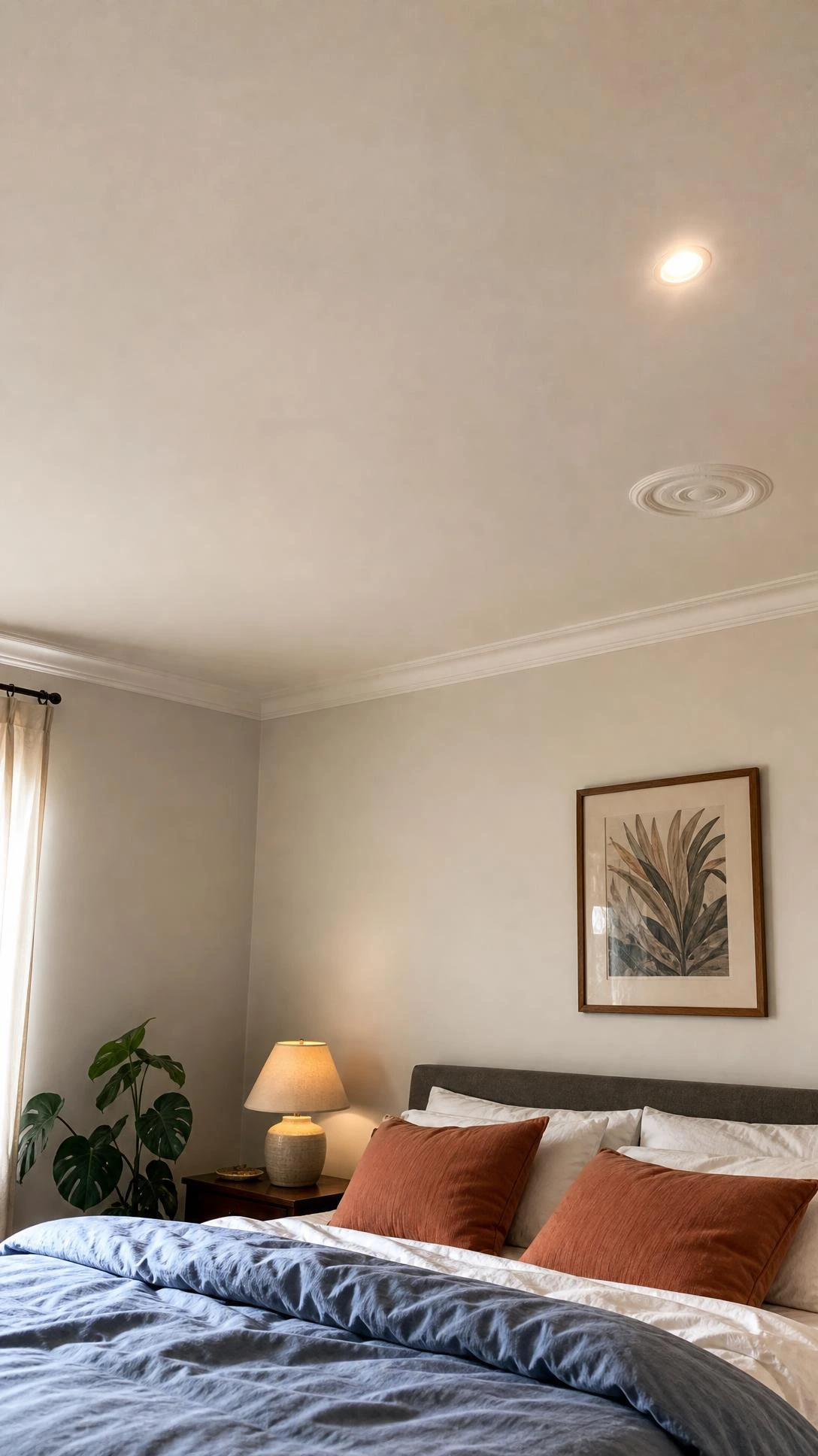Smooth white gypsum ceiling in a cozy bedroom showing the fire-resistant surface that makes gypsum a smart safety upgrade most homeowners overlook