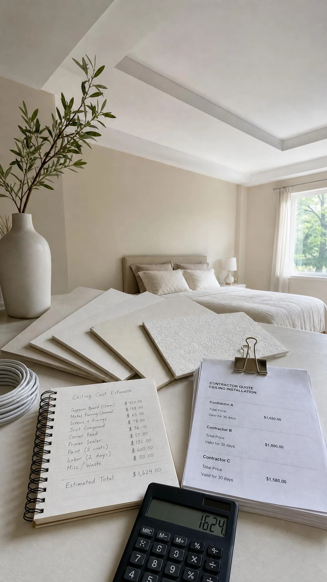 Gypsum ceiling material samples fanned across a white desk in warm window light, helping homeowners visualize installation cost planning options