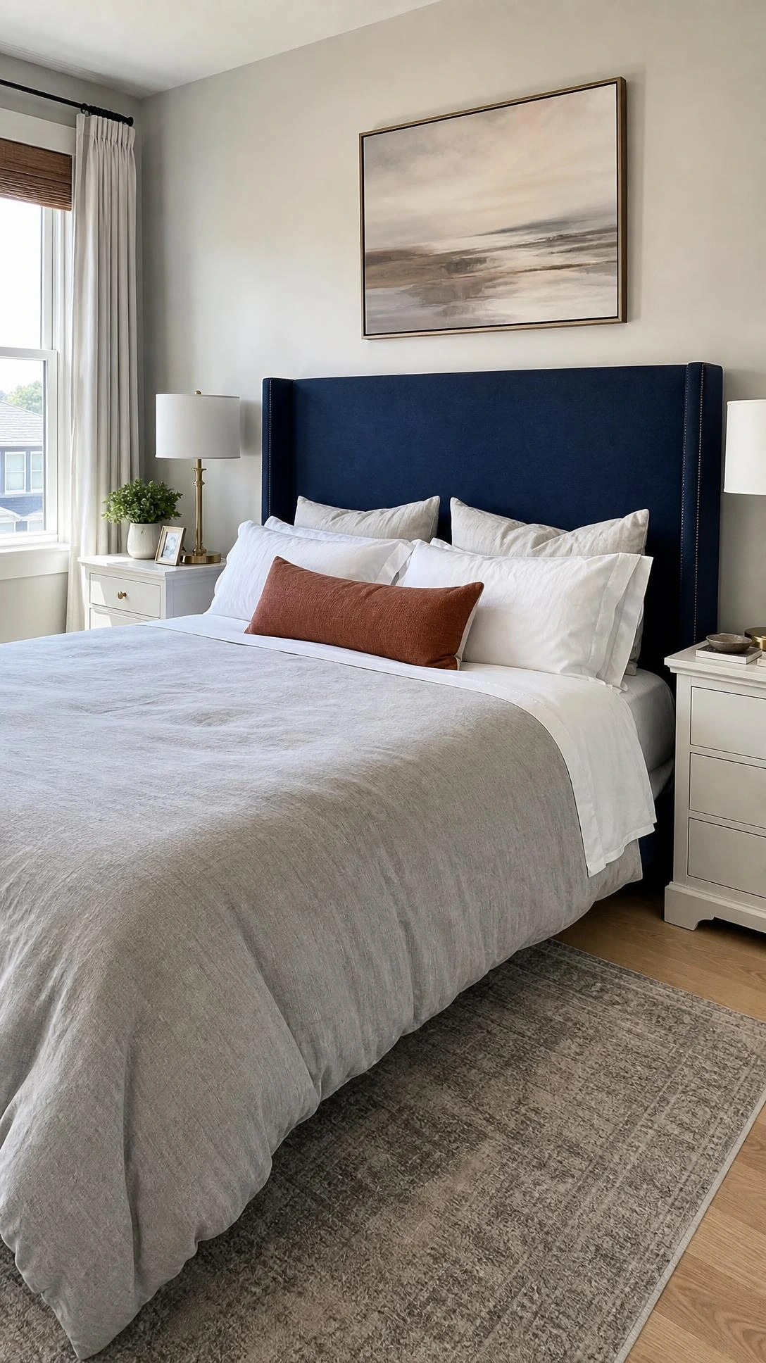 Hale navy upholstered headboard anchors a modern bedroom with crisp white bedding, gray duvet, rust lumbar pillow, and warm white nightstands.