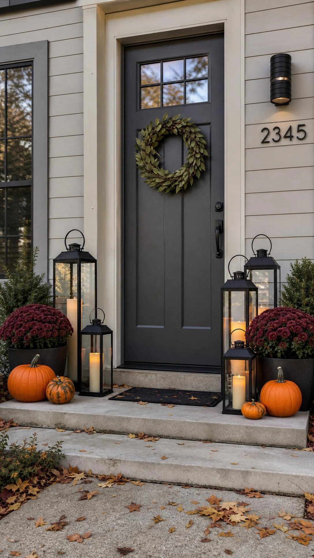 Halloween Home Decor idea with black lantern clusters flanking a charcoal-gray front door on clean suburban porch steps