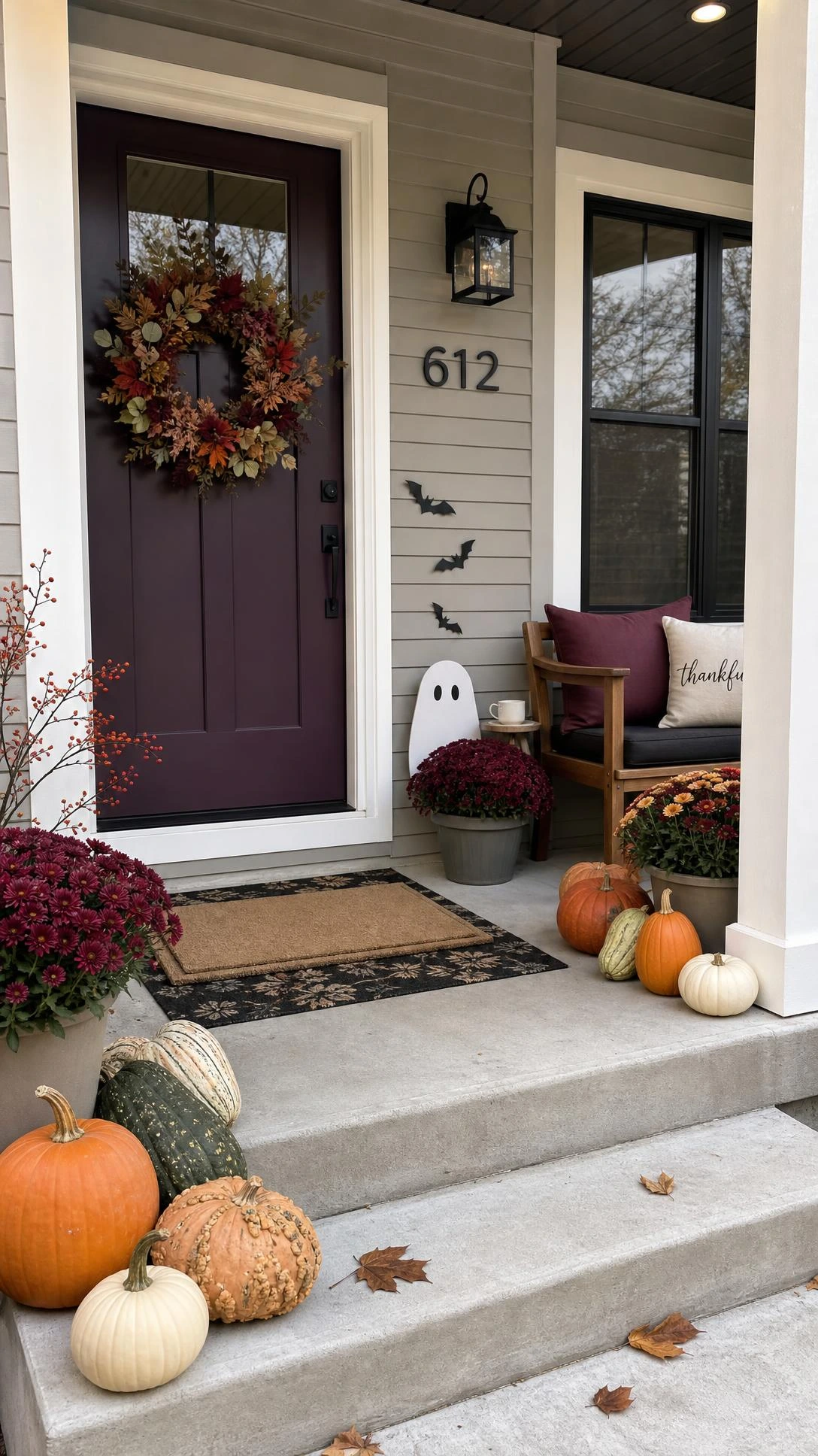 Halloween to Thanksgiving porch with a deep plum door, layered doormats, black lantern, and mixed pumpkins for late-fall decorating ideas.