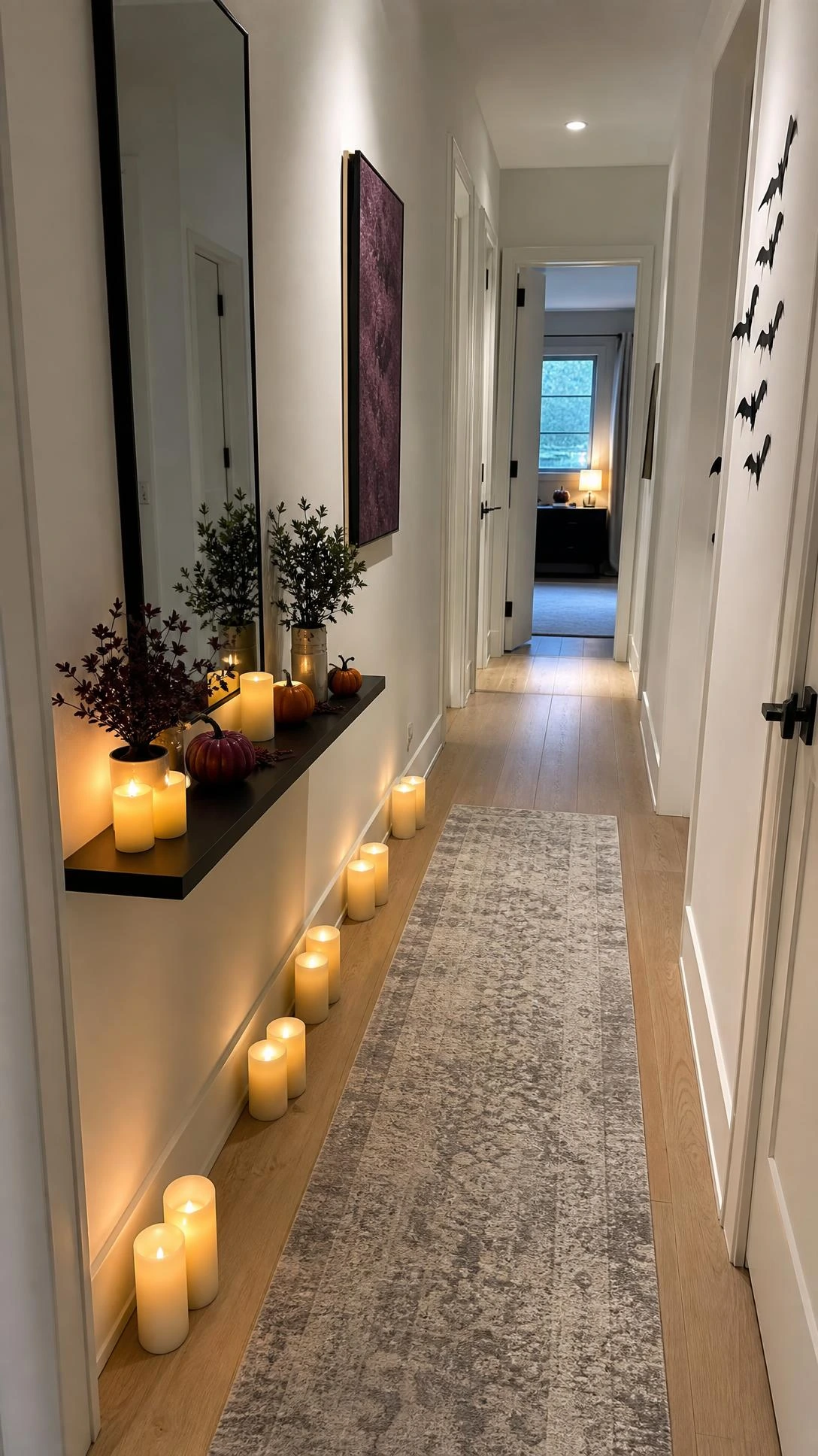 Halloween Home Decor idea for a suburban hallway, with flameless LED candles lining the floor and slim console to guide a warm glow toward the doorway.