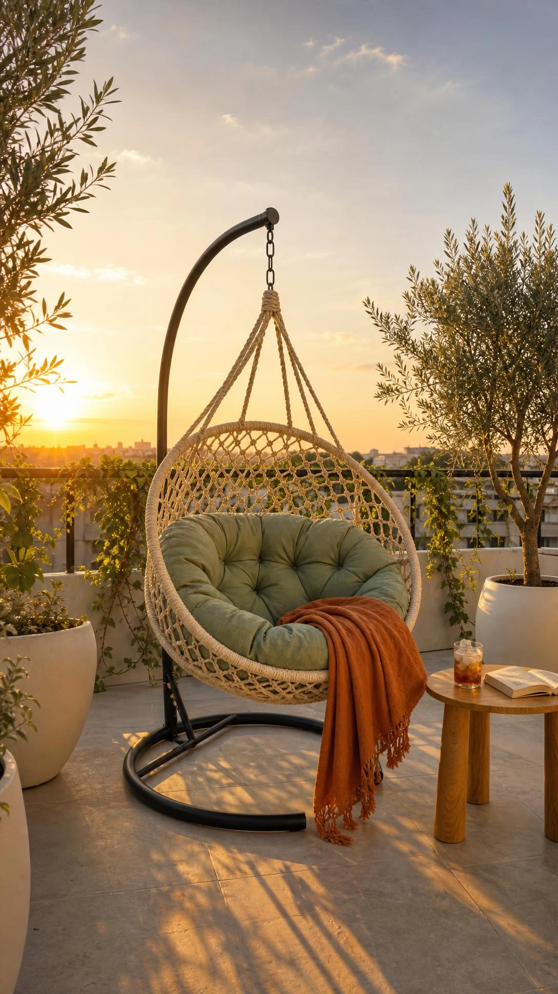 Cream woven rope hanging chair with sage green cushion on a sun-drenched rooftop terrace, the ultimate summer relaxation upgrade