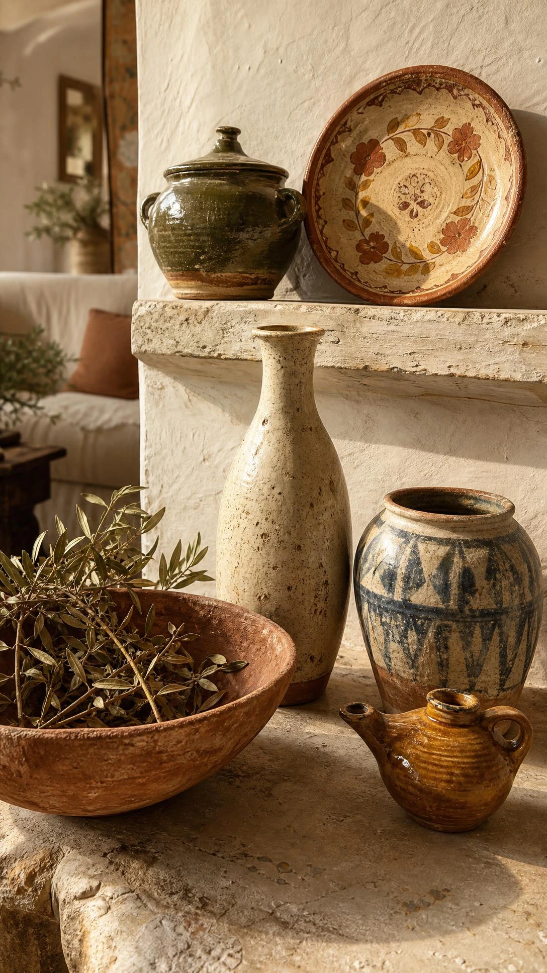 Handmade ceramic and terracotta vessels in earthy cream, ochre, dusty rose, and olive green arranged on a whitewashed stone shelf in a rustic Italian living room corner