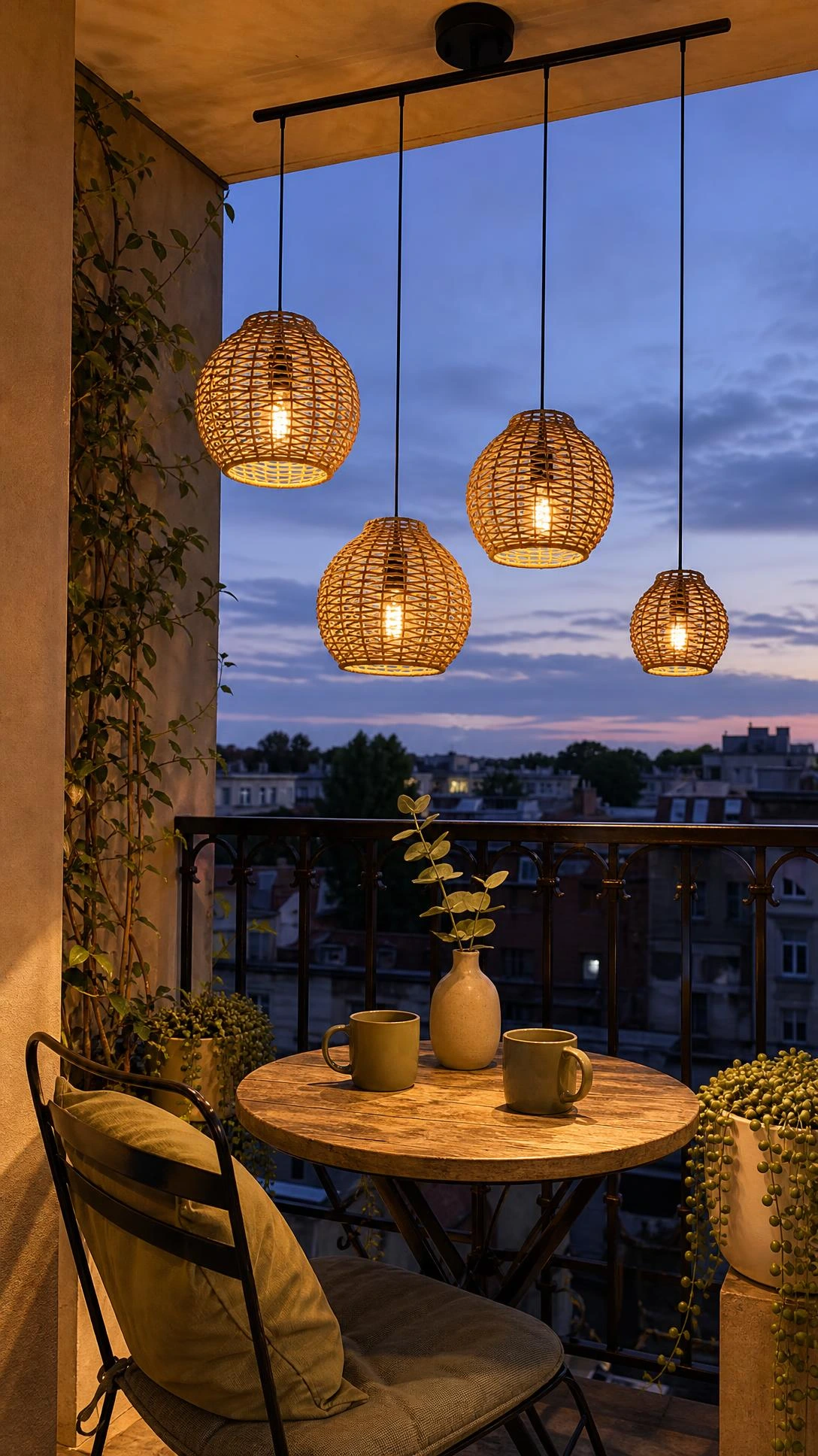 Rattan globe pendant lights hanging at varying heights above a cozy balcony seating area, casting warm amber glow in the evening