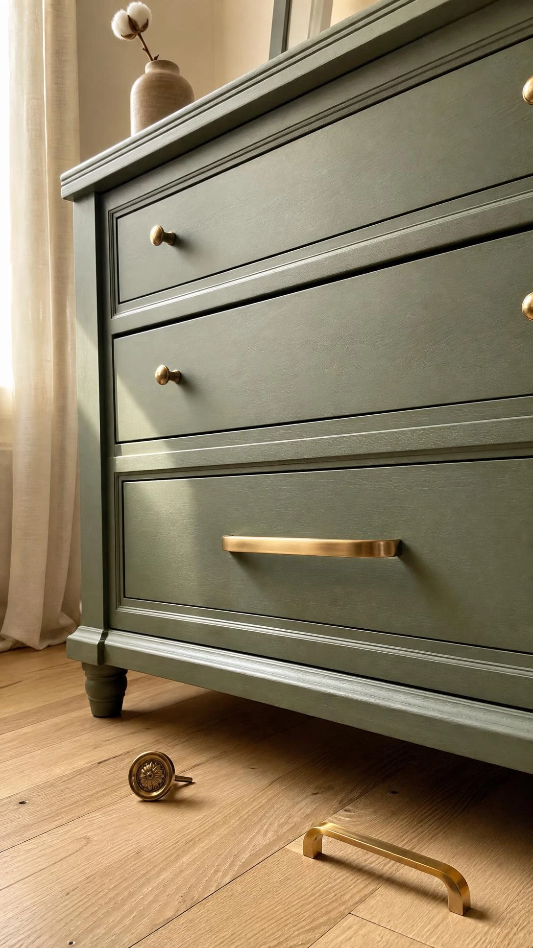 Brushed brass bar pull being installed on a sage green painted dresser drawer, replacing an ornate antique knob — a simple hardware swap that transforms furniture personality instantly