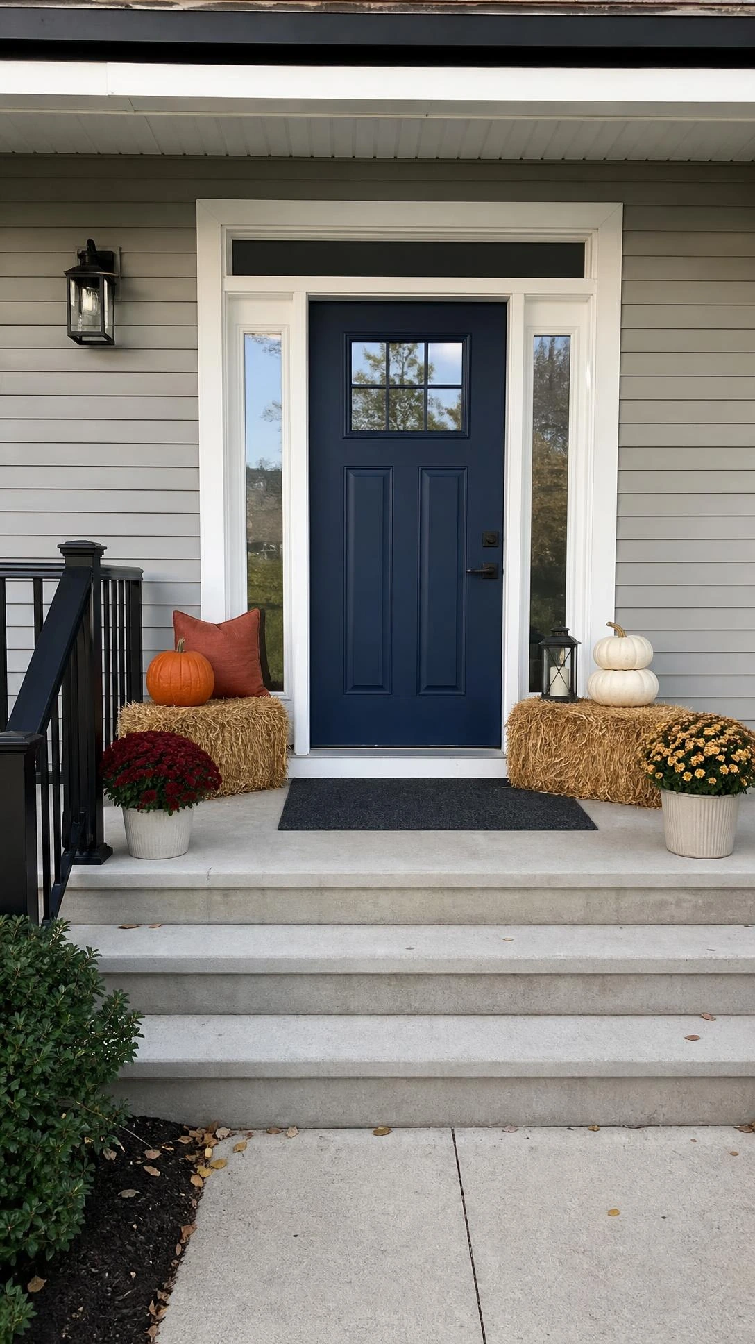 Suburban front porch with hay bale porch decor by a modern painted door, styled with pumpkins, lantern, mums, and a rust cushion.