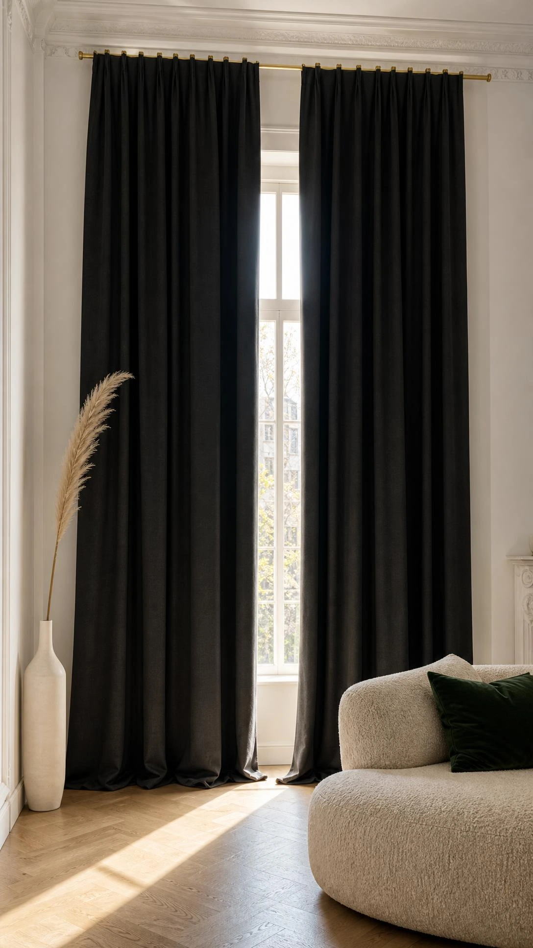 Floor-to-ceiling charcoal curtains in a compact drawing room, proving high contrast window treatments create luxury height without mansion-scale space