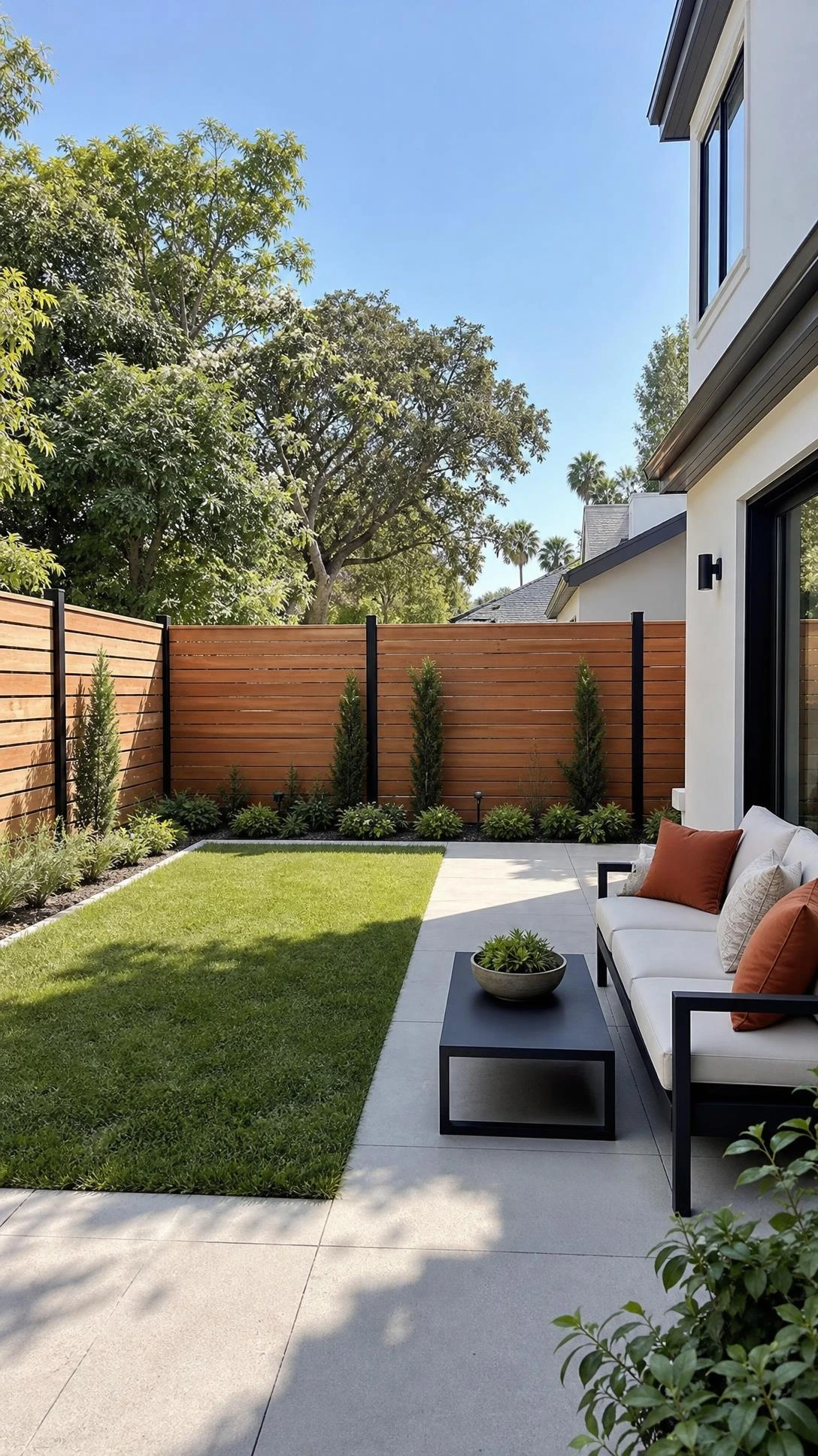 Sleek horizontal fence lines define this modern landscape design, framing a contemporary patio edge with clean symmetry in a suburban backyard.