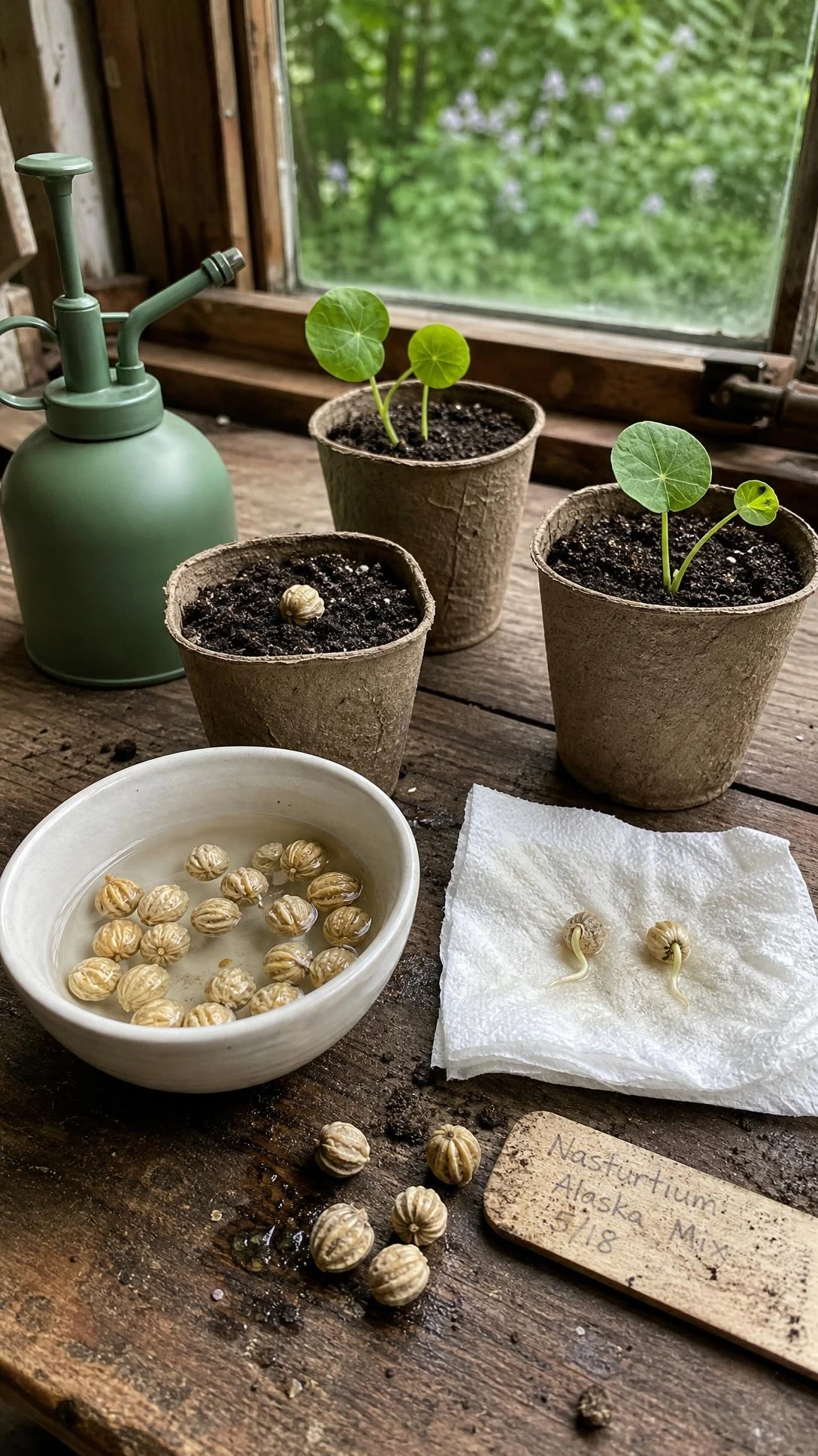 Nasturtium seeds in cream and tan arranged on a rustic wooden potting bench showing germination stages in soft natural window light