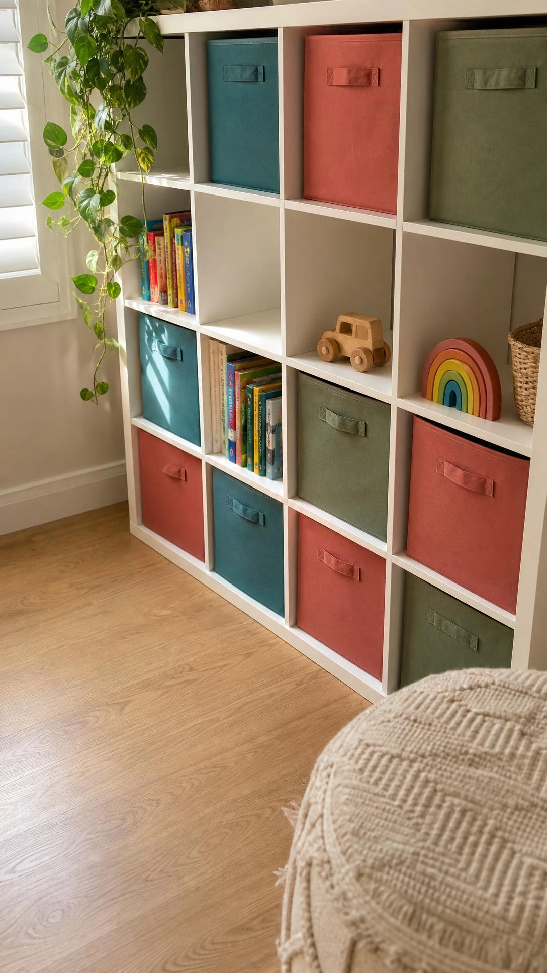 White IKEA Kallax shelving unit in a living room corner loaded with colorful fabric bins for toy storage, anchoring the space with clean vertical organization