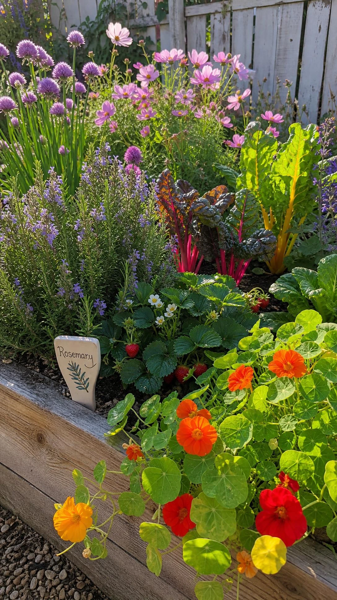 Raised garden bed blending edible rainbow chard and chives with pink cosmos and catmint, showing how flower garden design can be both beautiful and productive