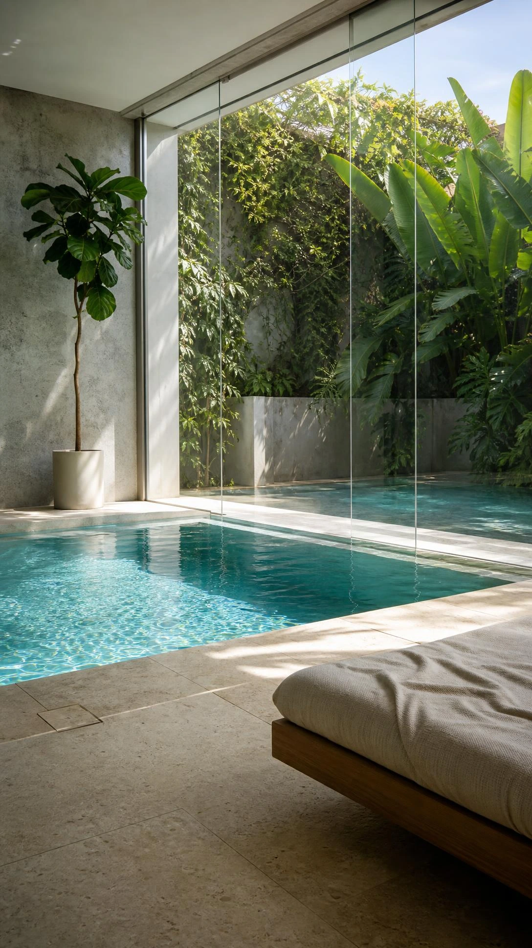 Floor-to-ceiling glass wall panel opening an indoor-outdoor swimming pool to sunlight, blurring the line between interior luxury and the outdoors