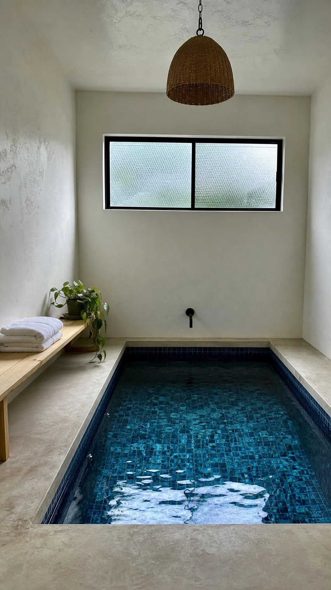 Compact indoor plunge pool with deep blue-green water set into tiled floor, showing a full room view with natural daylight — proof small budgets work