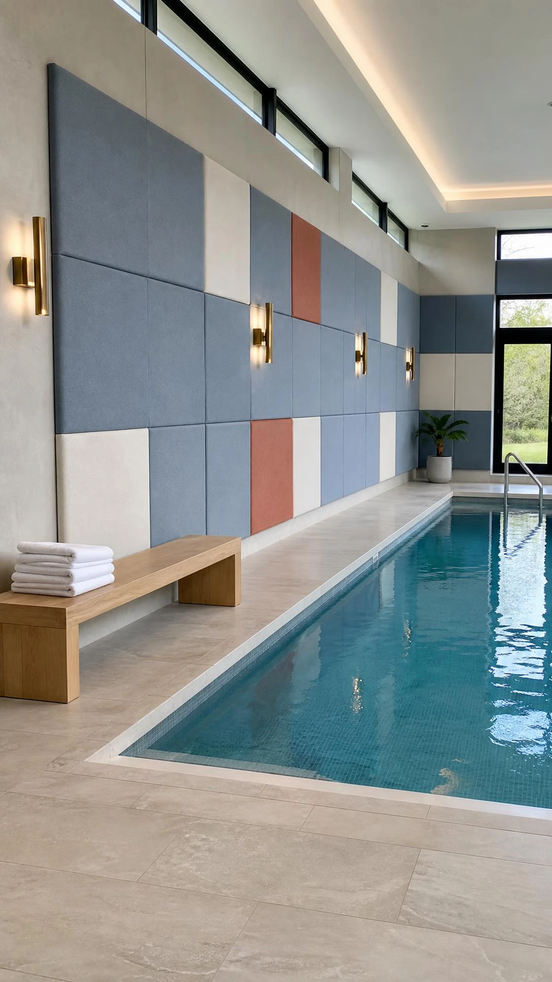 Luxury indoor swimming pool with moisture-resistant acoustic wall panels in slate blue and warm white, reducing echo in style.