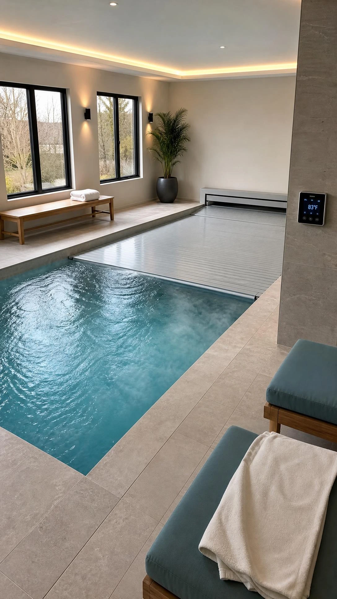 Luxury indoor swimming pool design featuring a sleek pool with a partially extended slatted cover, warm steam, and digital heating controls.